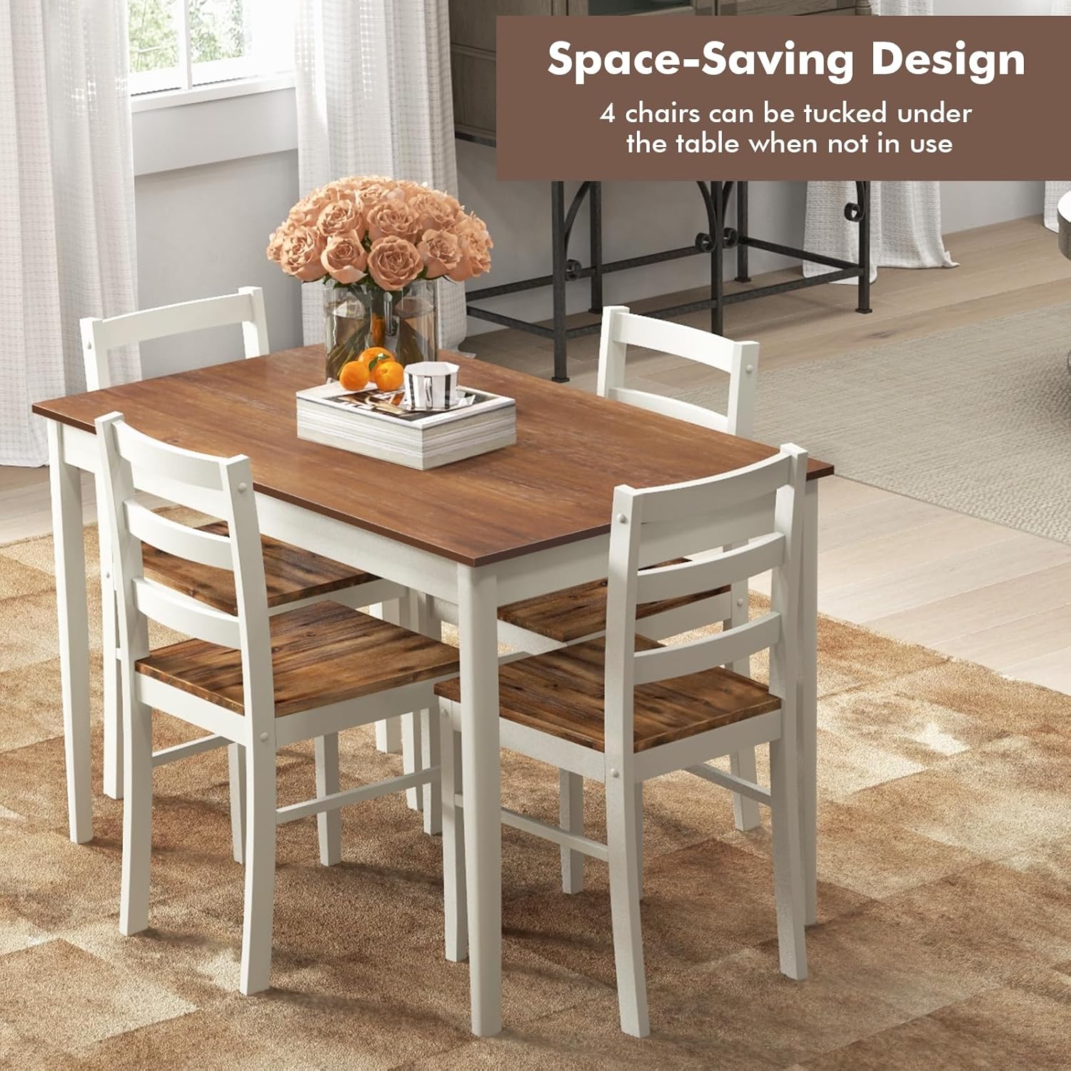 Giantex - Juego de mesa de comedor para 4, mesa rectangular de madera maciza y 4 sillas, juego de comedor de 5 piezas con patas de madera de goma, muebles de cocina que ahorran espacio para cocina,