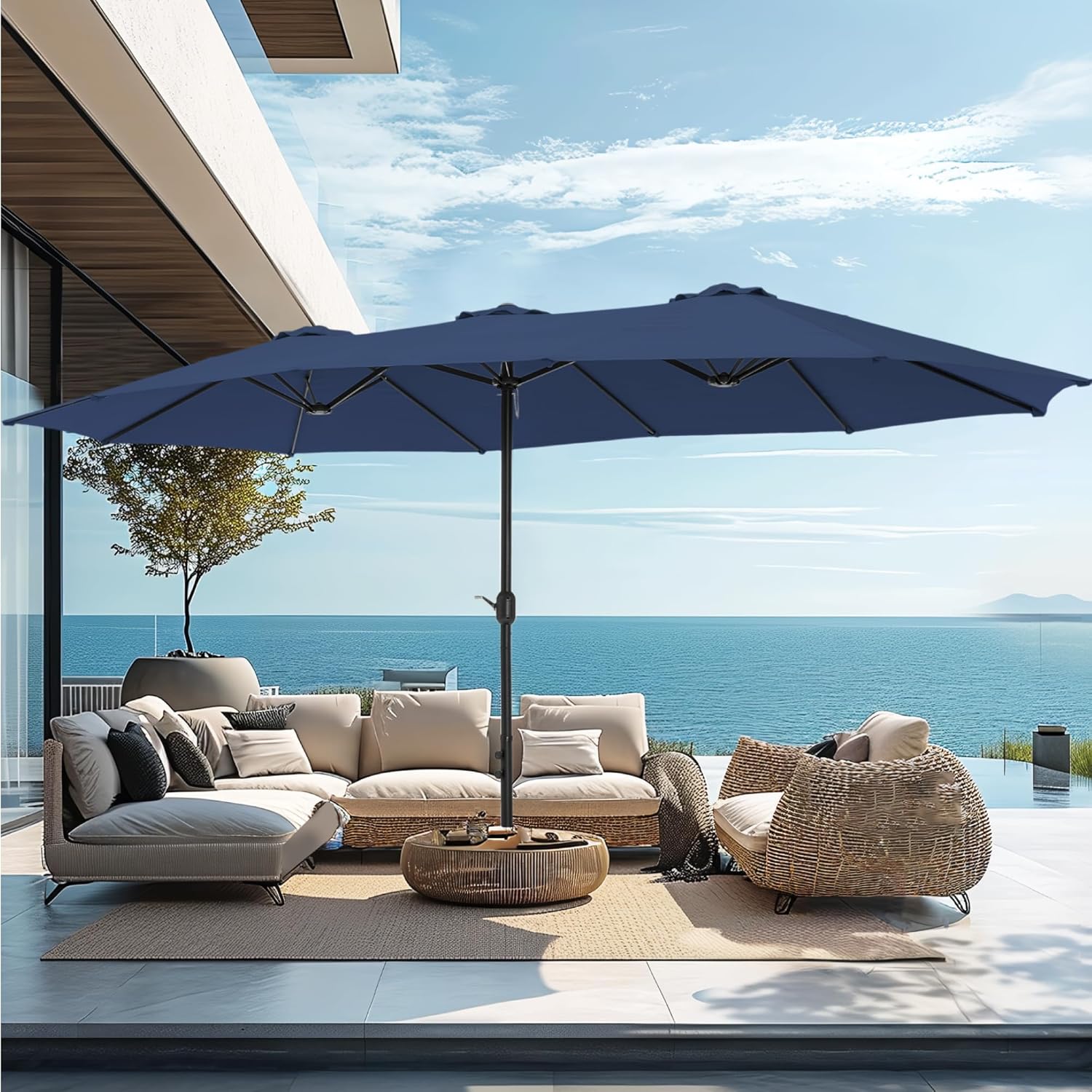 [Luz LED] Phivilla Home Sombrilla grande para patio exterior de 15 pies con base – Opción de luz LED, doble cara, manivela, impermeable