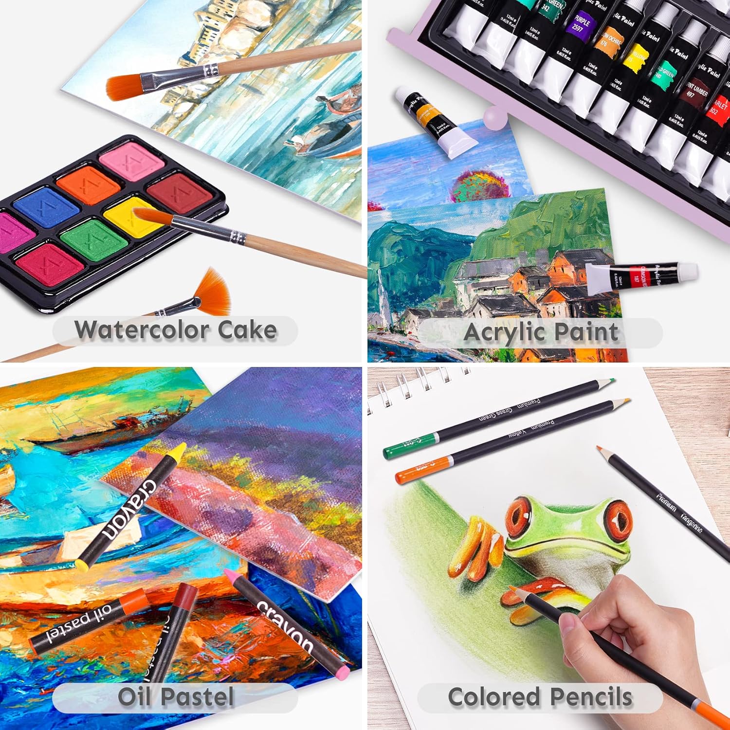 Juego de arte de lujo de 175 piezas con 2 almohadillas para orejas de dibujo, pinturas acrílicas, lápices de colores, juego de pintura en caja de madera, kit de arte profesional, suministros de arte