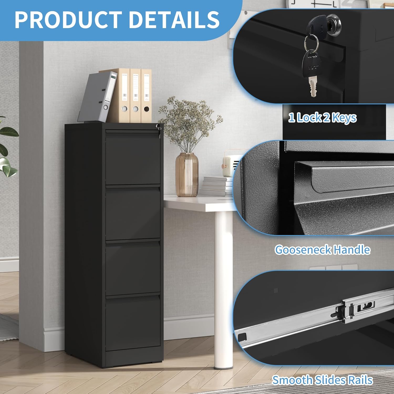 AQY - Archivador vertical de 4 cajones con cerradura, archivador vertical de metal para oficina en casa, archivadores de 18 pulgadas de profundidad para colgar carpetas legales o tamaño carta,