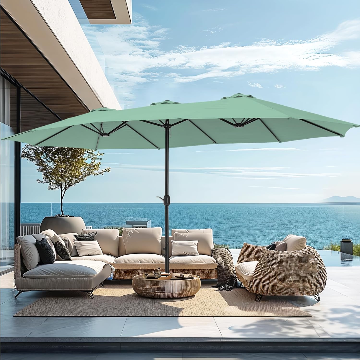 [Luz LED] Phivilla Home Sombrilla grande para patio exterior de 15 pies con base – Opción de luz LED, doble cara, manivela, impermeable