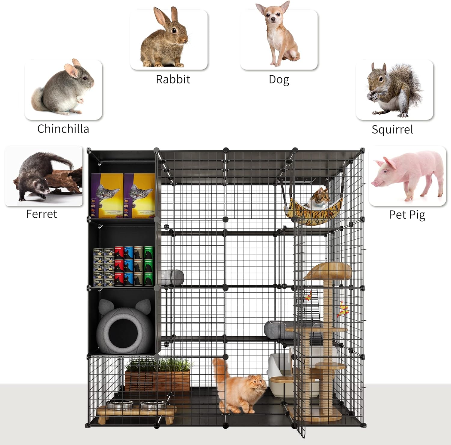 YITAHOME - Jaula Grande para Gatos con Cubo de Almacenamiento, Caja para Interiores de Metal con Hamaca para múltiples Mascotas, 4 Niveles de Perrera de Gato Negro, 140 x 140 x 140 cm