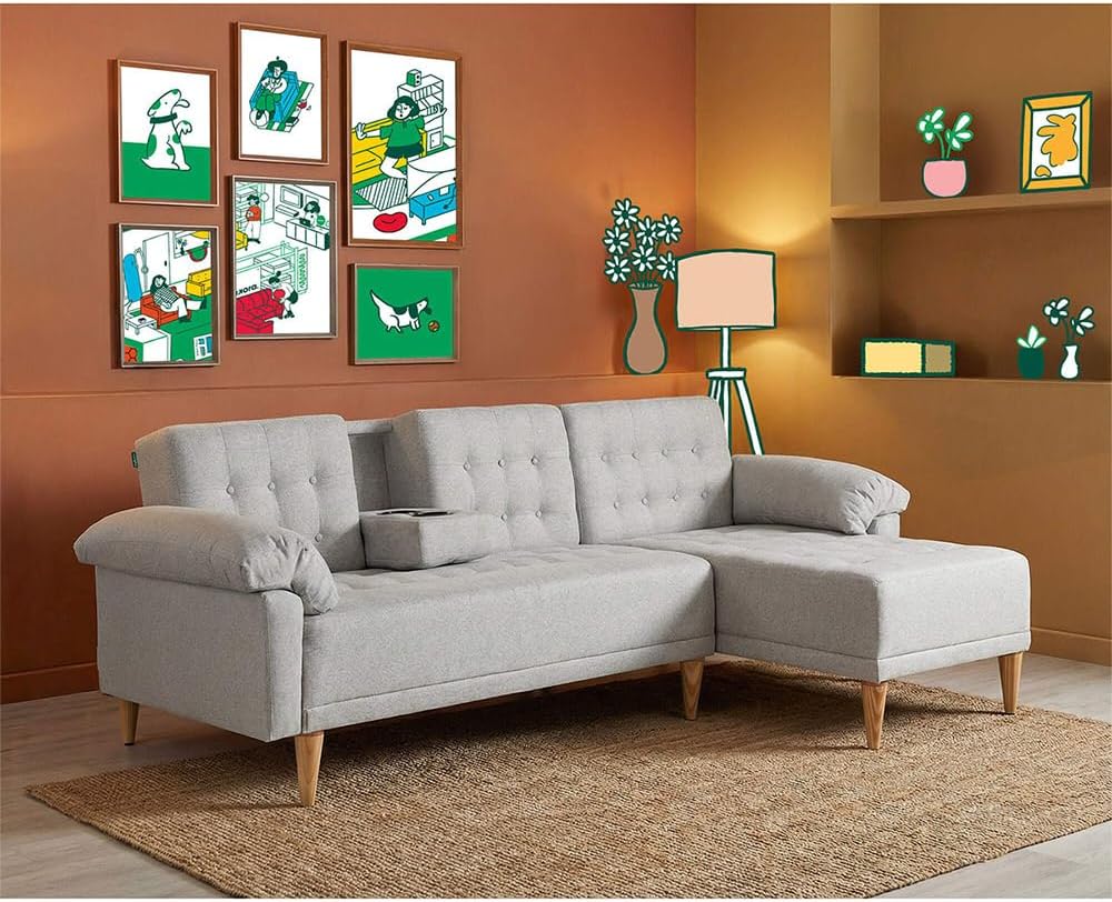 MAKORA Sala Modular Sofa Cama Brunello De 3 Plazas con Portavasos Memory Foam Respaldo Reclinable 3 Posiciones Recto Relax o Cama Perfecto para Departamento o Casa (Gris Claro)