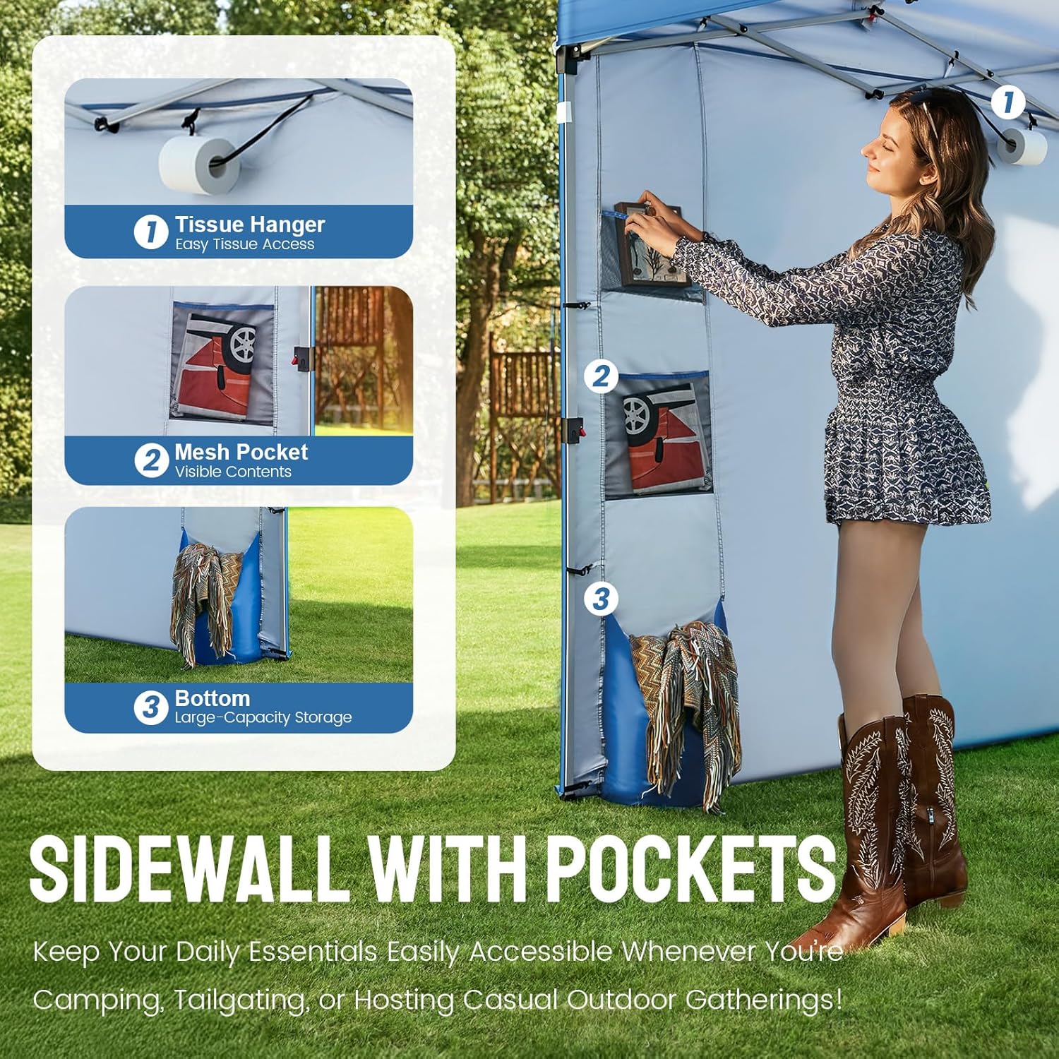 Crown Shades Tienda de campaña con toldo, 3 x 3 m, portátil, refugio para exteriores con pared lateral de bolsillo, bloqueo central con empuje, protección ultravioleta, bolsa de transporte, azul