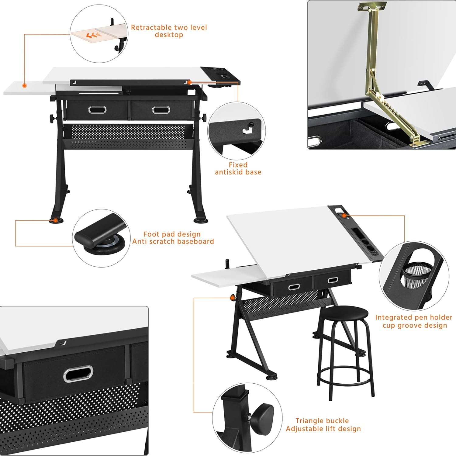 Yaheetech - computadora de arte blanco ajustable en altura para adultos, mesa inclinable de dibujo con computadora extragrande y cajones, juego de mesa y silla plegable para manualidades con taburetes