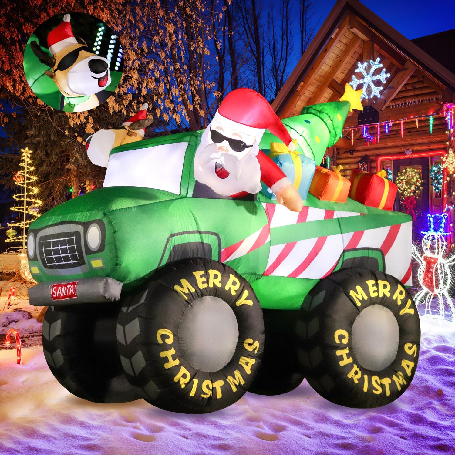 DomKom - Inflable de Navidad 2.1m, Santa Claus y Reno conduciendo Monster Truck, decoración Gigante para jardín con Luces LED integradas, Ideal para Fiestas al Aire Libre