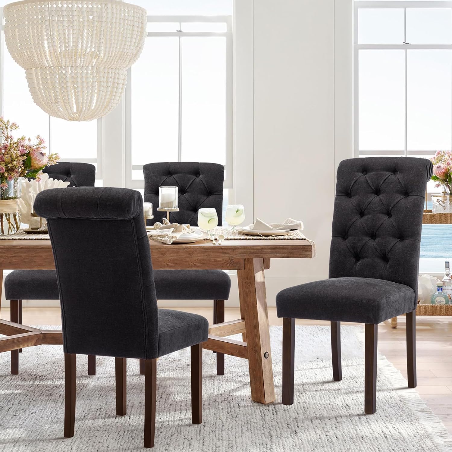 COLAMY - Juego de 6 sillas de Comedor con Botones y tapizadas, con Patas de Madera Maciza y Asiento Acolchado para Comedor, Cocina, Color Gris