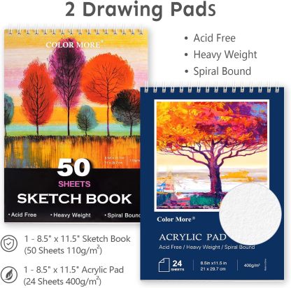 Juego de arte de lujo de 175 piezas con 2 almohadillas para orejas de dibujo, pinturas acrílicas, lápices de colores, juego de pintura en caja de madera, kit de arte profesional, suministros de arte