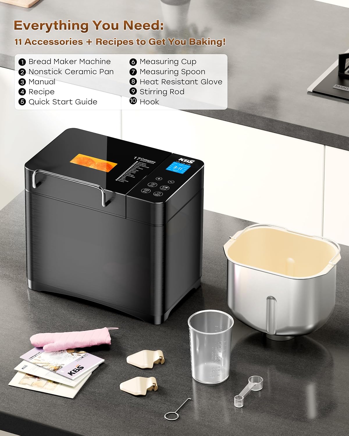 Panificadora Automática KBS de 2 lb, 710W, 17 Programas, Dispensador Automático de Frutos Secos y Temporizador de 15 Horas