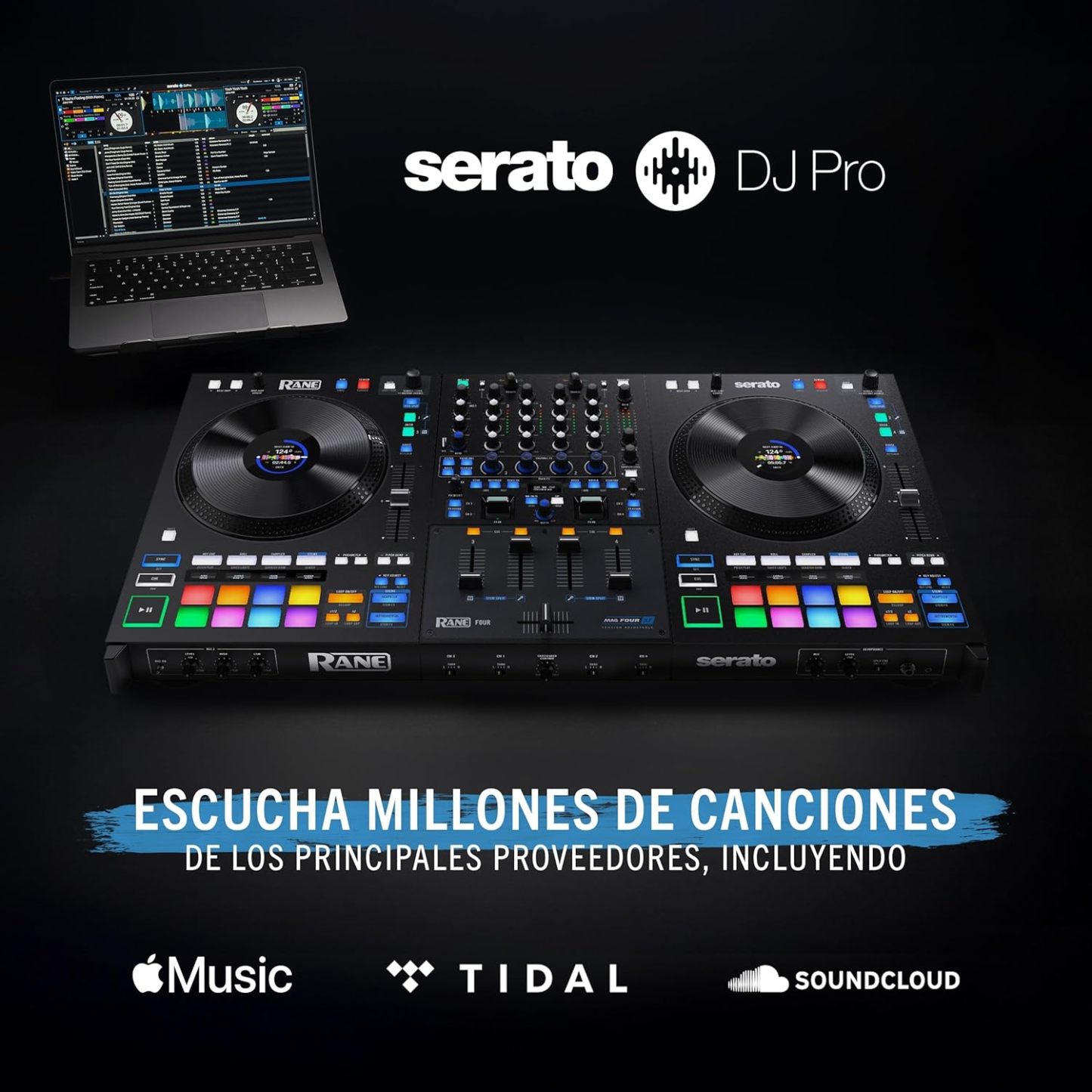 Rane FOUR Controlador DJ Stems Avanzado, 4 Canales - Jog Wheels de 8.5" + Displays, Mezclador DJ con FX Internos, Serato DJ Pro + Pitch 'n Time DJ