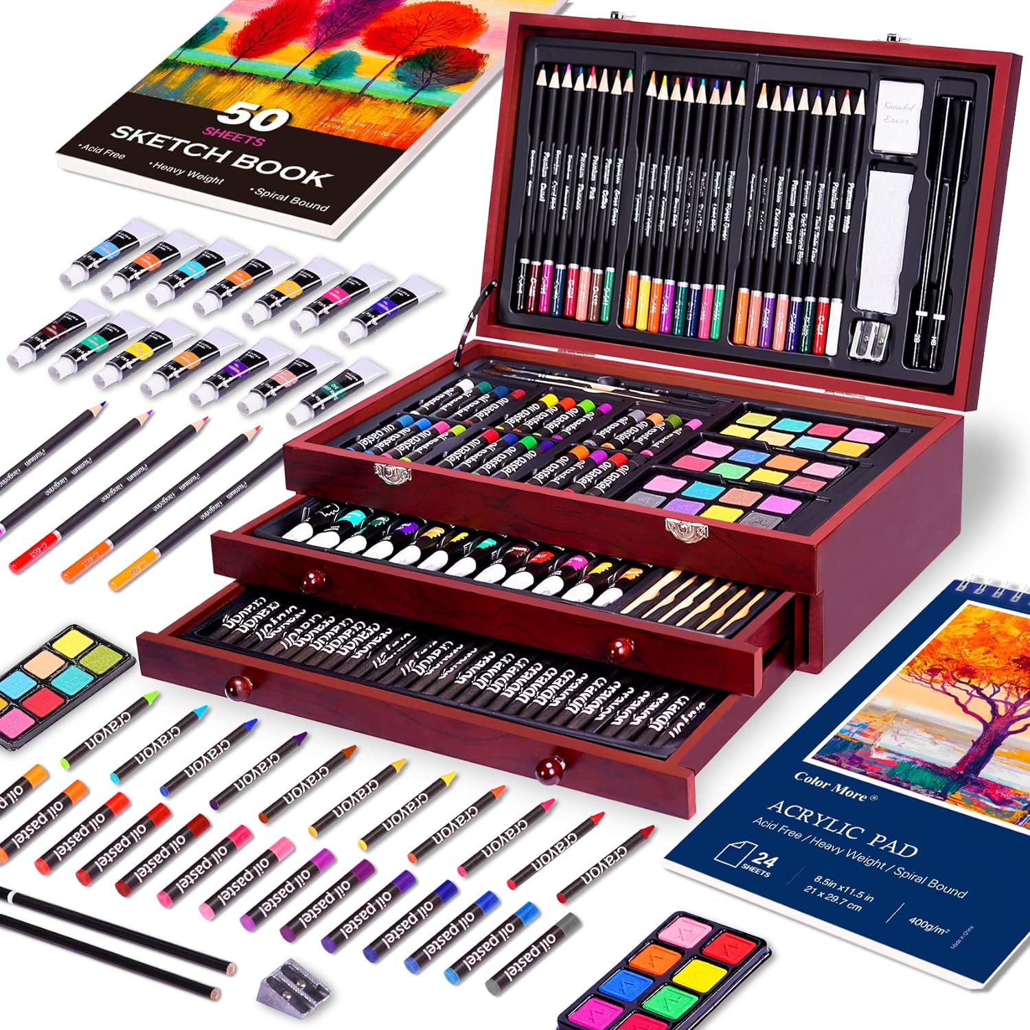 Juego de arte de lujo de 175 piezas con 2 almohadillas para orejas de dibujo, pinturas acrílicas, lápices de colores, juego de pintura en caja de madera, kit de arte profesional, suministros de arte