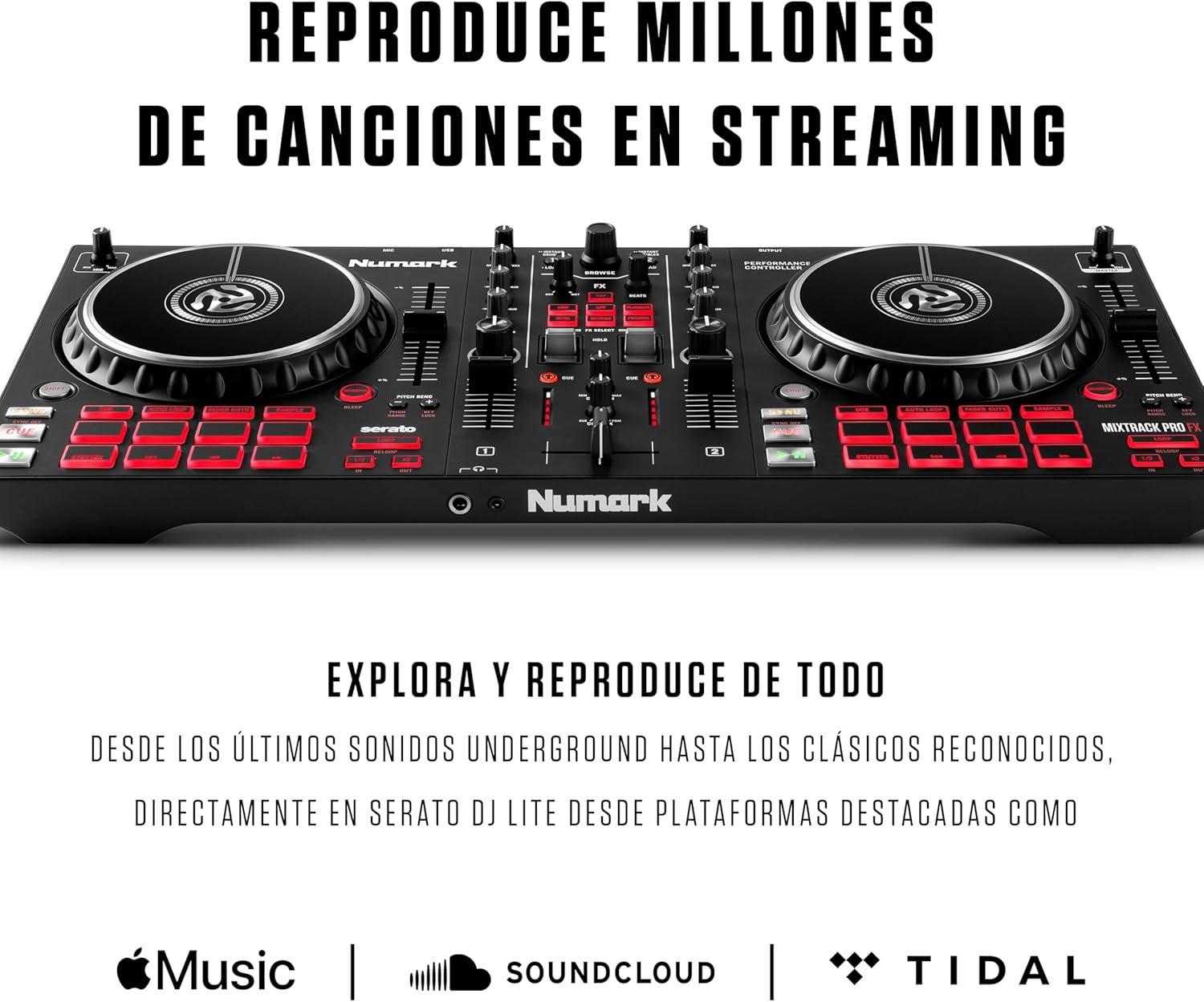 Numark Mixtrack Platinum FX Controlador DJ Para Serato DJ Con Control de 4 Secciones, Mezclador DJ, Interfaz de Audio Incorporada, Pantallas en Las Ruedas de Selección y Paletas de Efectos