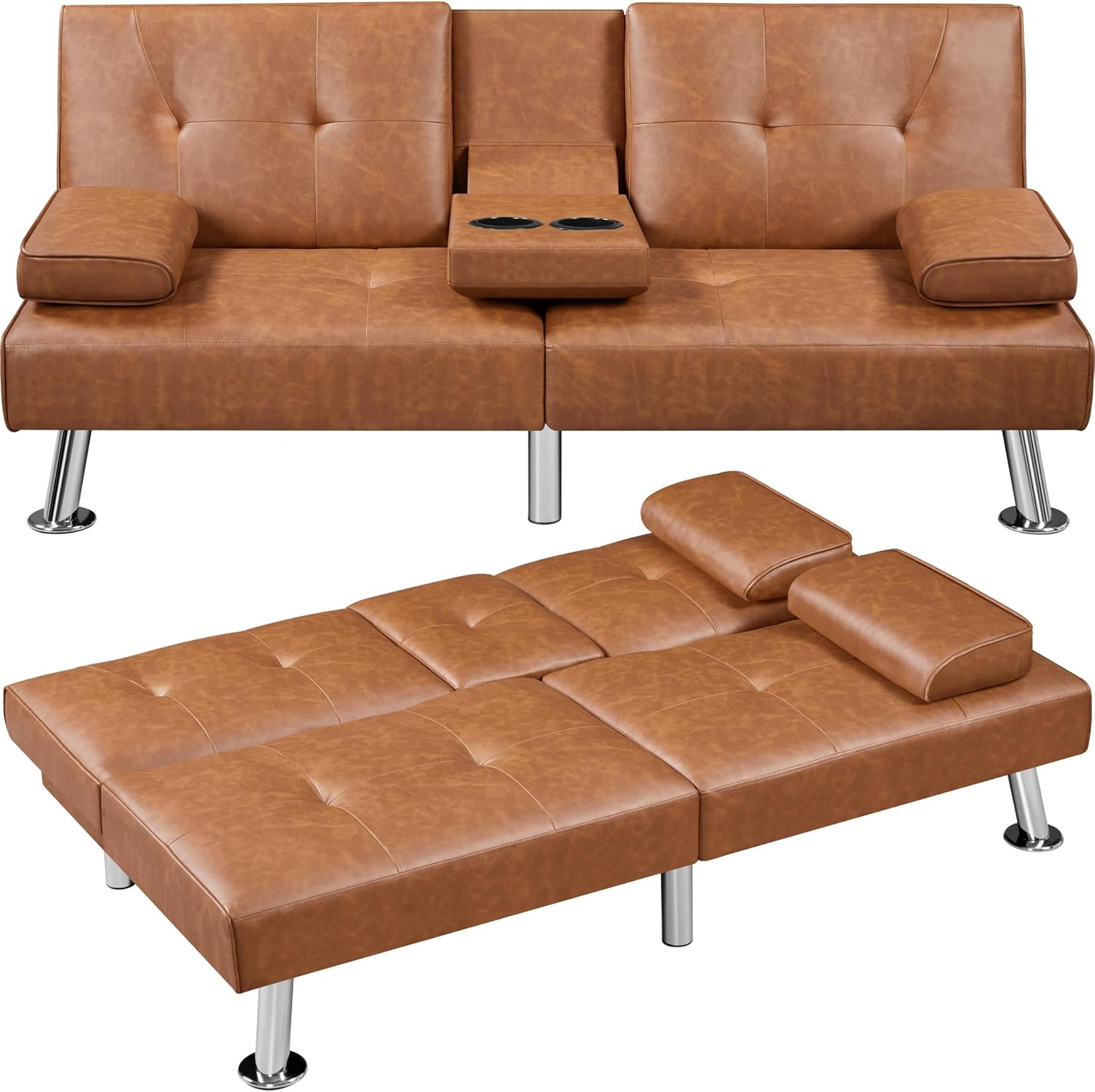 Yaheetech - Sofá Cama Convertible Ajustable, Moderno sillón reclinable de Piel sintético para el hogar, sofá Cama Plegable, Cama de Invitados, reposabrazos extraíbles, portavasos 3 ángulos, Capacidad