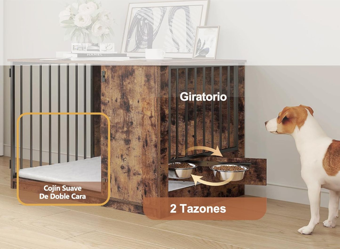 MU:4LIFE Jaula Estilo Mueble para Perro, Puerta de Rotación 270°, 2 Tazones de Giratorios 360° y Cojín de Doble Cara. Casa de Perro de Uso Interior y Alta Resistencia (Atigrado, Mediano)