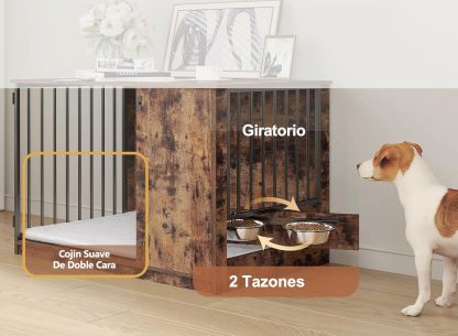 MU:4LIFE Jaula Estilo Mueble para Perro, Puerta de Rotación 270°, 2 Tazones de Giratorios 360° y Cojín de Doble Cara. Casa de Perro de Uso Interior y Alta Resistencia (Atigrado, Mediano)