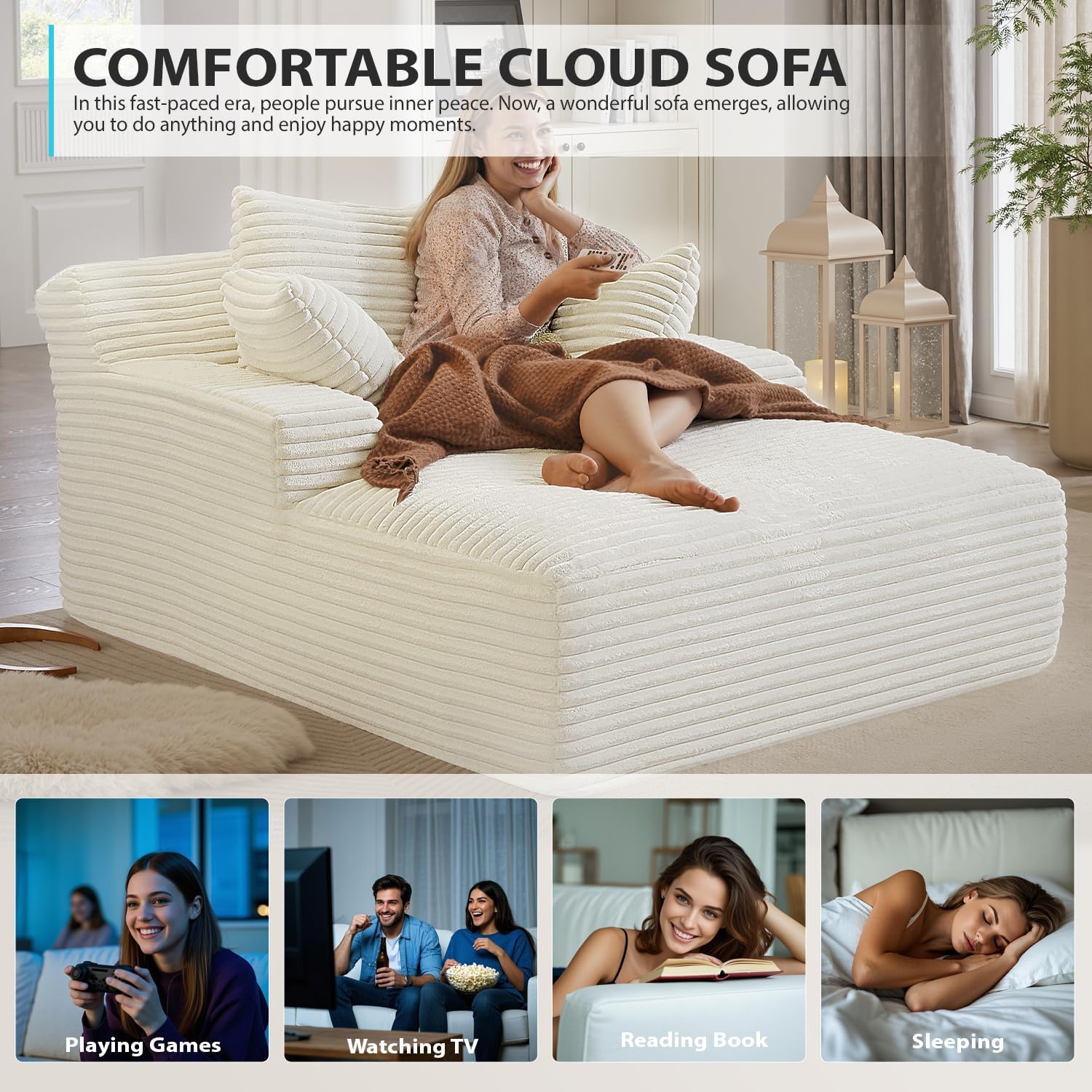 Ivoros - Chaise longue de 50 pulgadas para interior, sofá cama tapizado de pana de gran tamaño con asiento profundo, sillones de lectura, sofás tipo nube para sala de estar, no requiere montaje (beige