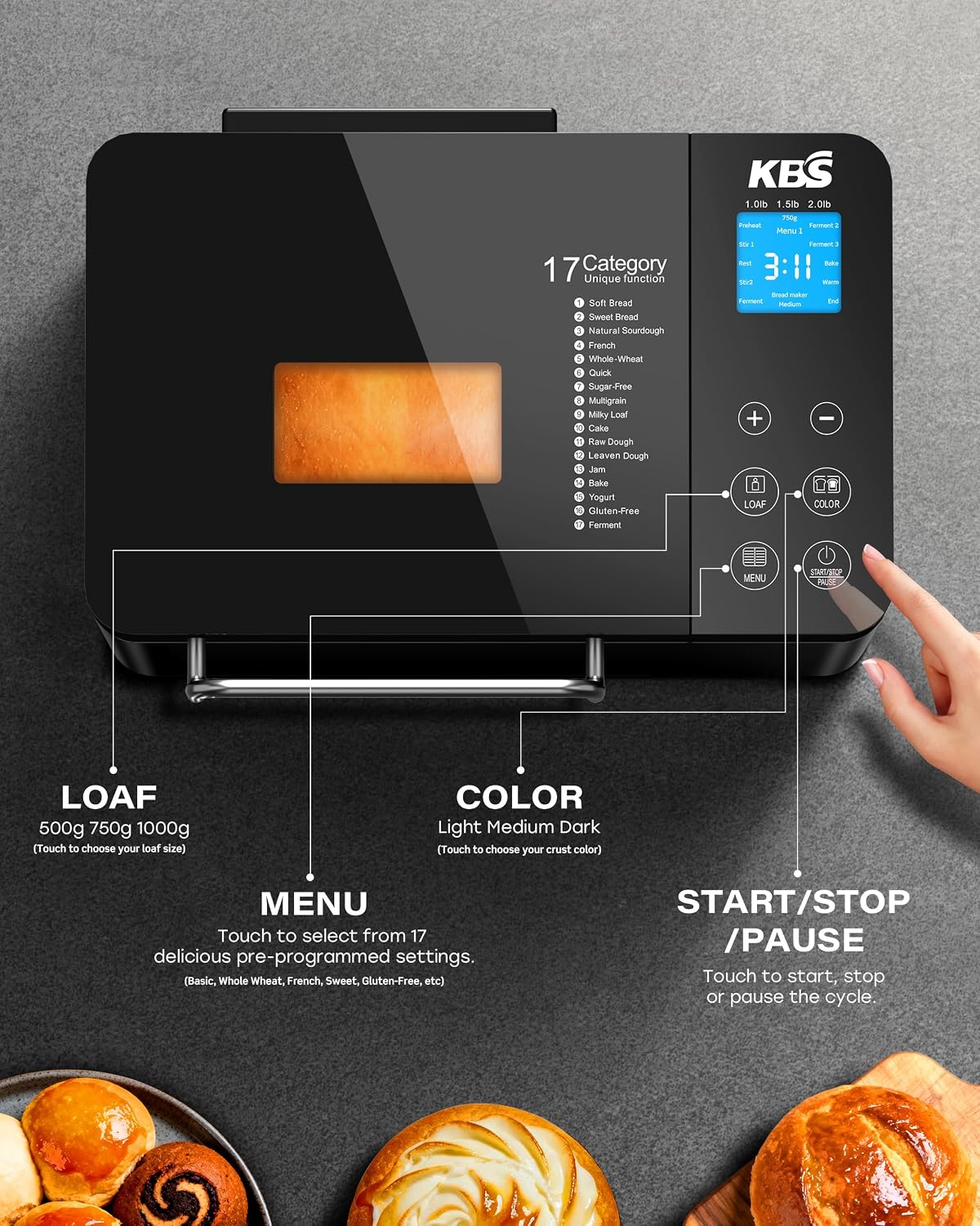 Panificadora Automática KBS de 2 lb, 710W, 17 Programas, Dispensador Automático de Frutos Secos y Temporizador de 15 Horas
