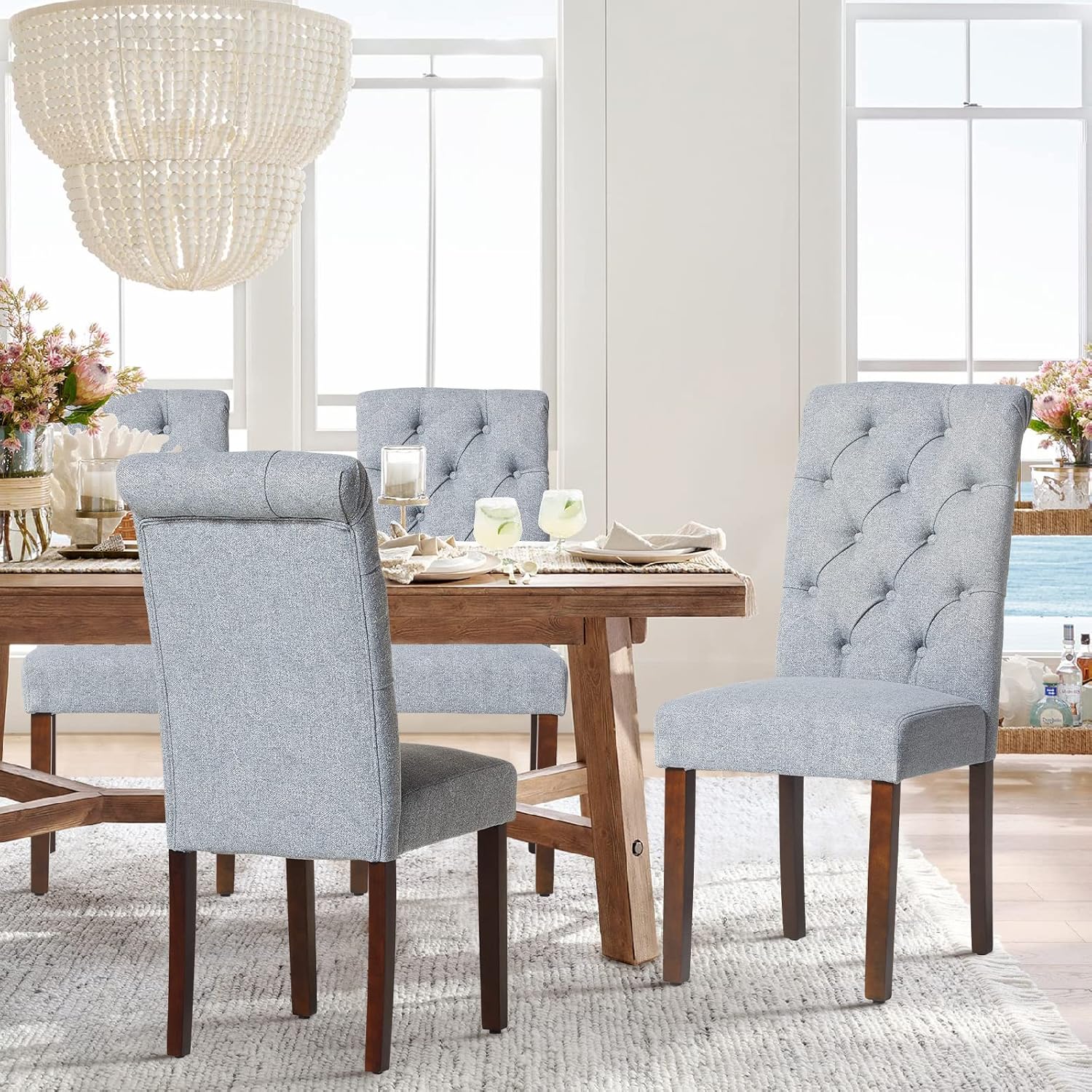 COLAMY - Juego de 6 sillas de Comedor con Botones y tapizadas, con Patas de Madera Maciza y Asiento Acolchado para Comedor, Cocina, Color Gris
