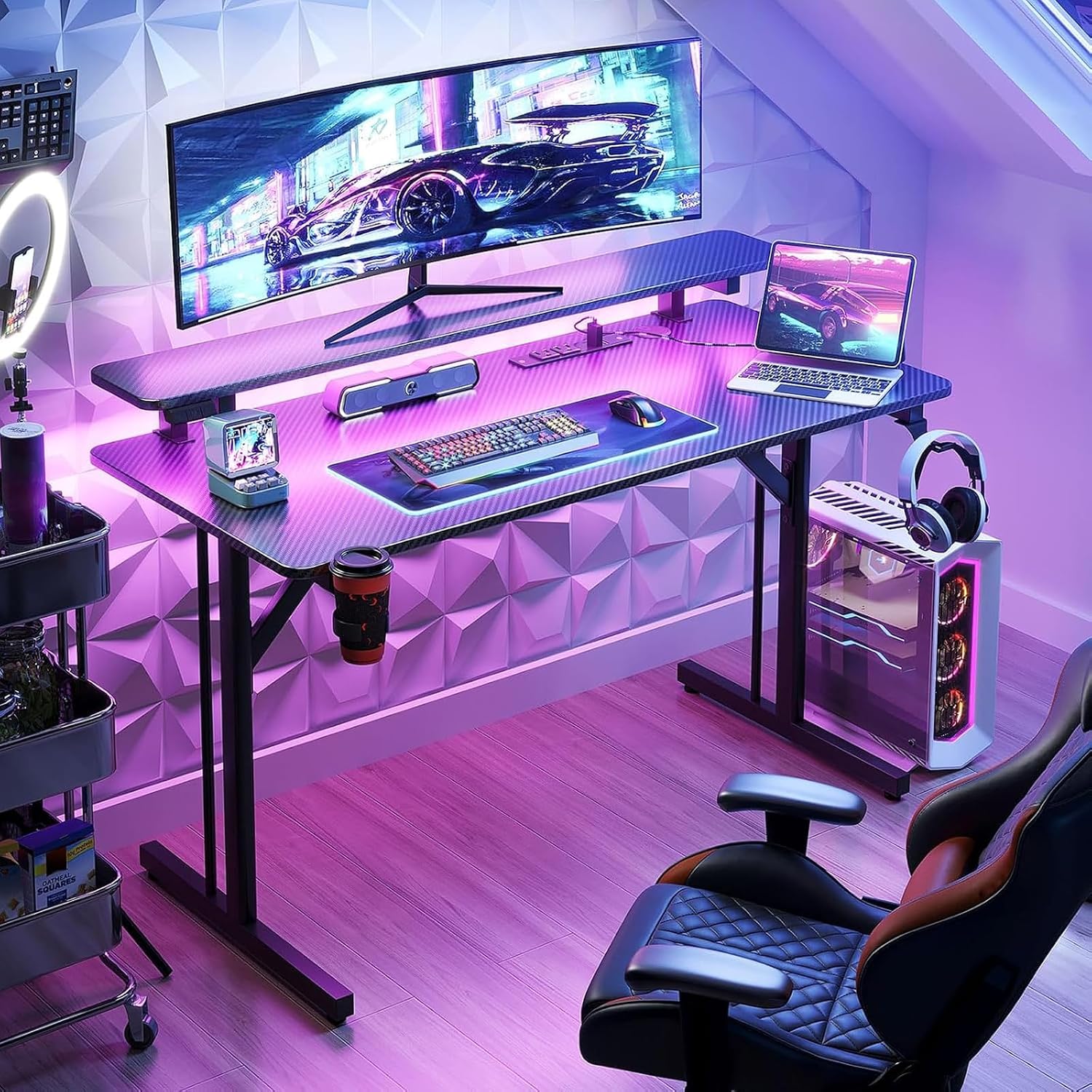 🎧SAFONUS Escritorio Gamer RGB 1M con Luces LED, Soporte para Monitor | 🎮Enchufes Integrados, Gancho para Audífonos, Superficie de Fibra de Carbono Impermeable, Mesa para PC Gaming Negra