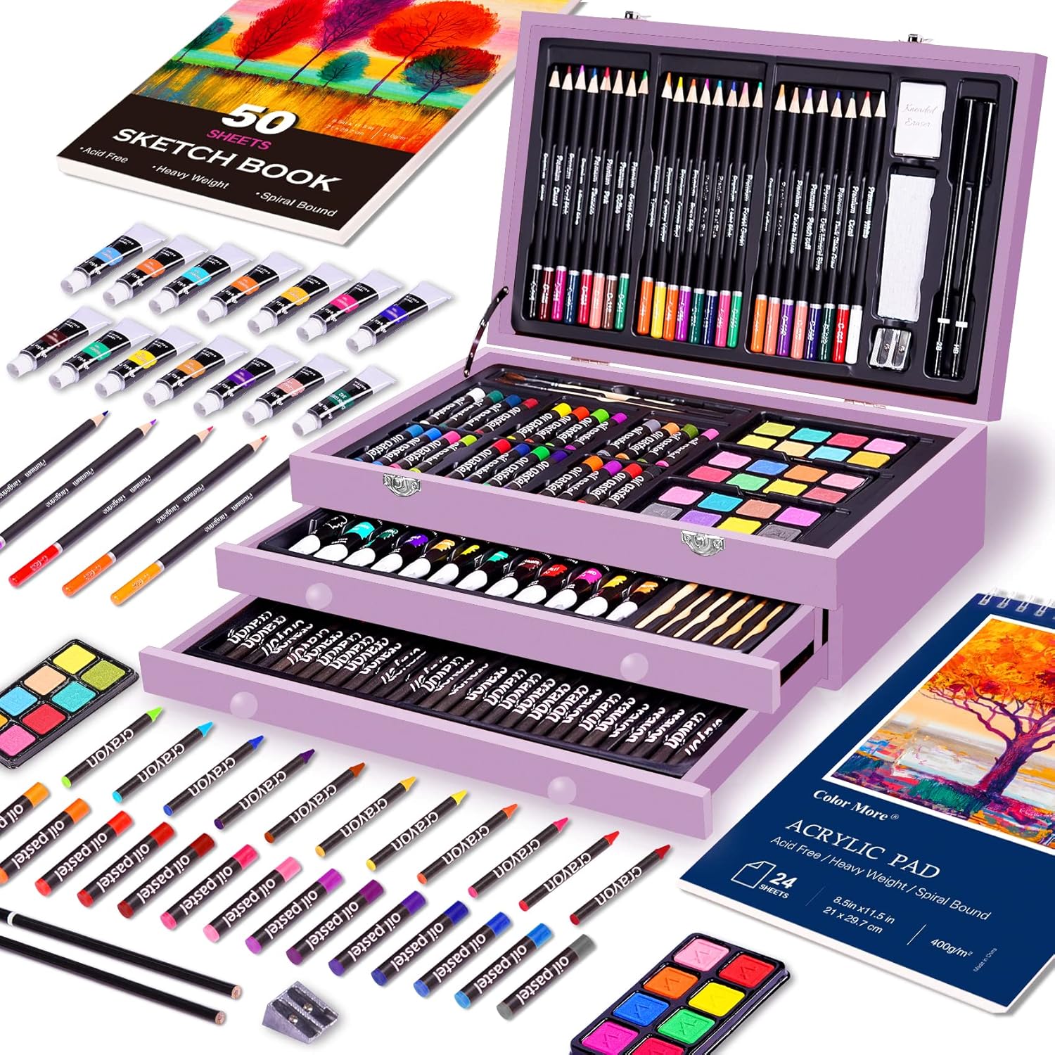 Juego de arte de lujo de 175 piezas con 2 almohadillas para orejas de dibujo, pinturas acrílicas, lápices de colores, juego de pintura en caja de madera, kit de arte profesional, suministros de arte