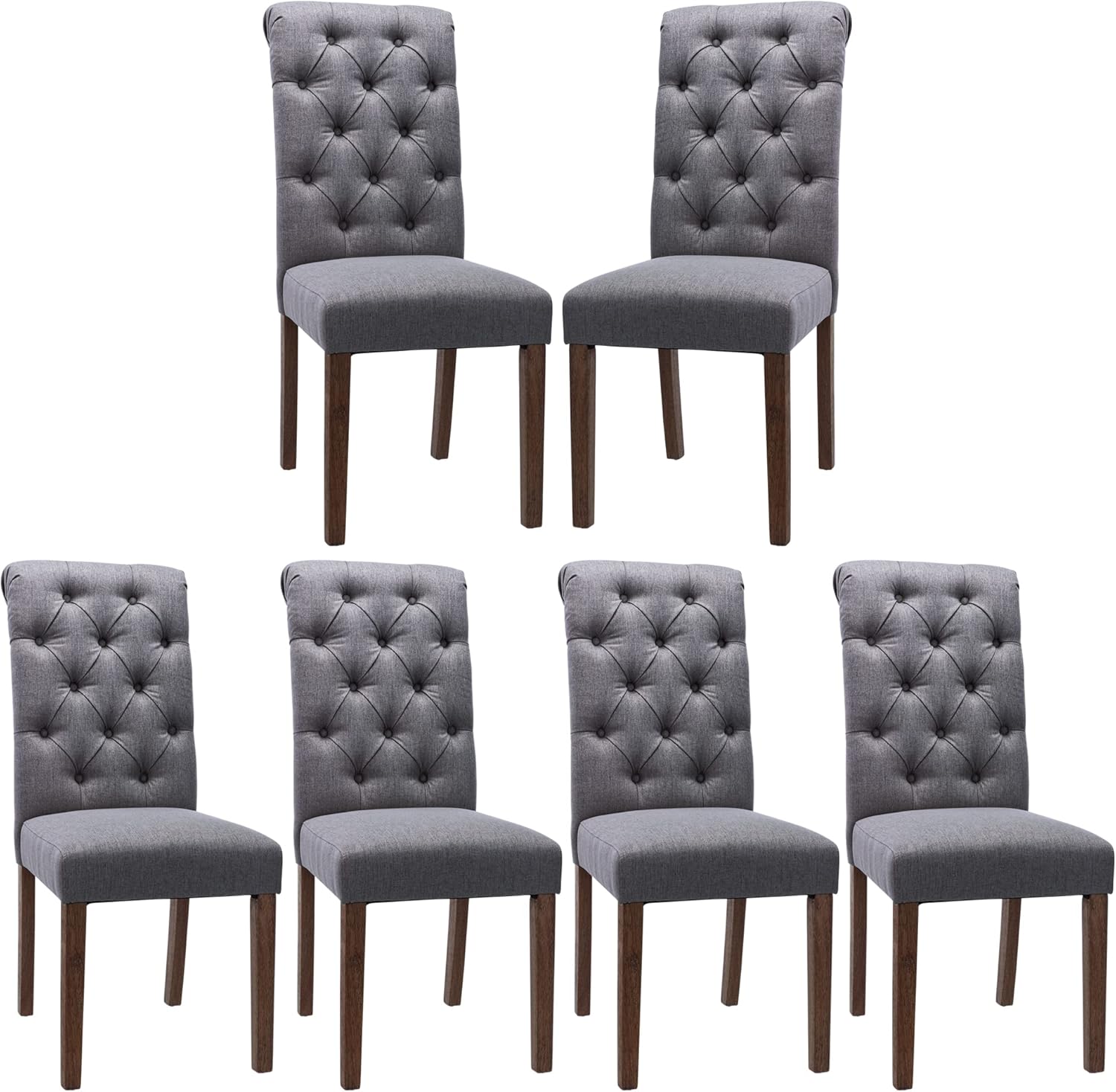 COLAMY - Juego de 6 sillas de Comedor con Botones y tapizadas, con Patas de Madera Maciza y Asiento Acolchado para Comedor, Cocina, Color Gris