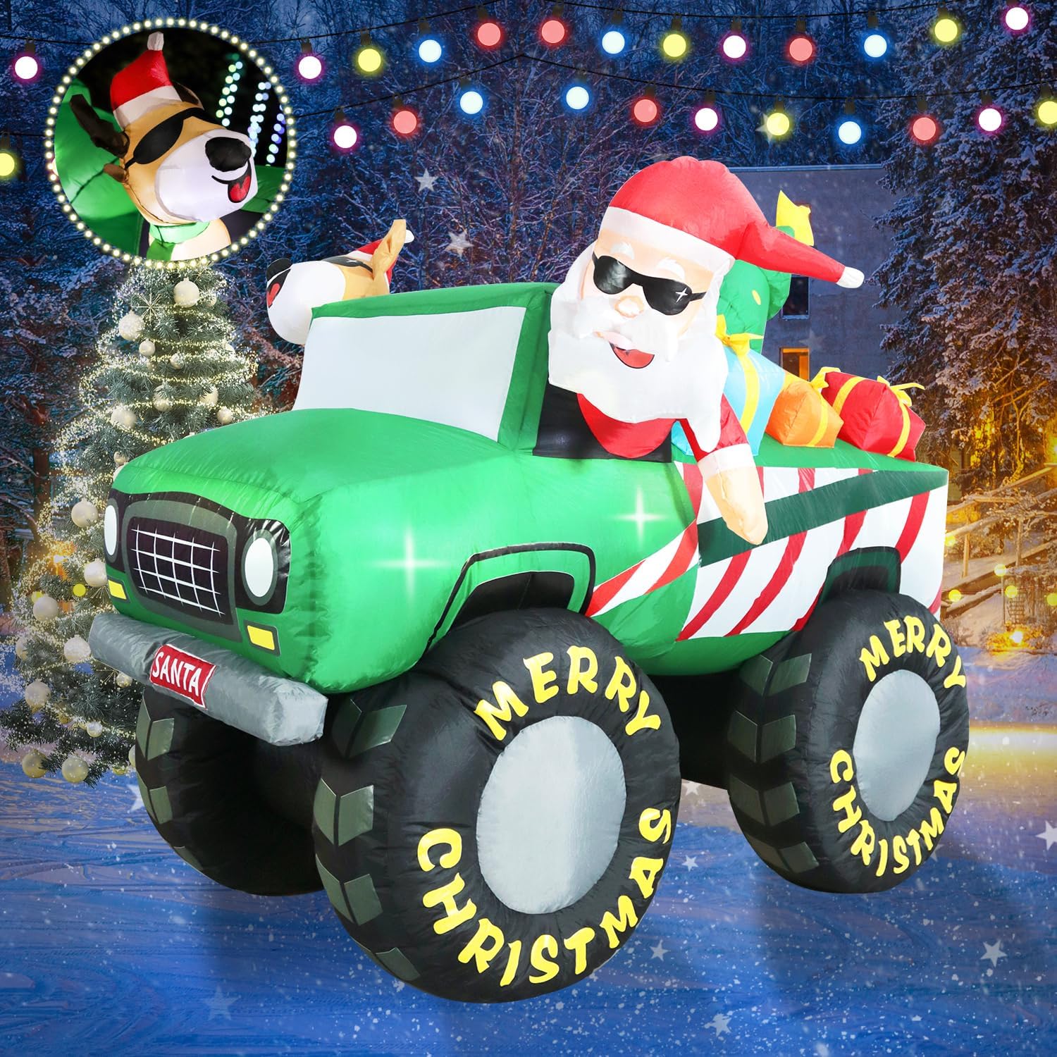 DomKom - Inflable de Navidad 2.1m, Santa Claus y Reno conduciendo Monster Truck, decoración Gigante para jardín con Luces LED integradas, Ideal para Fiestas al Aire Libre