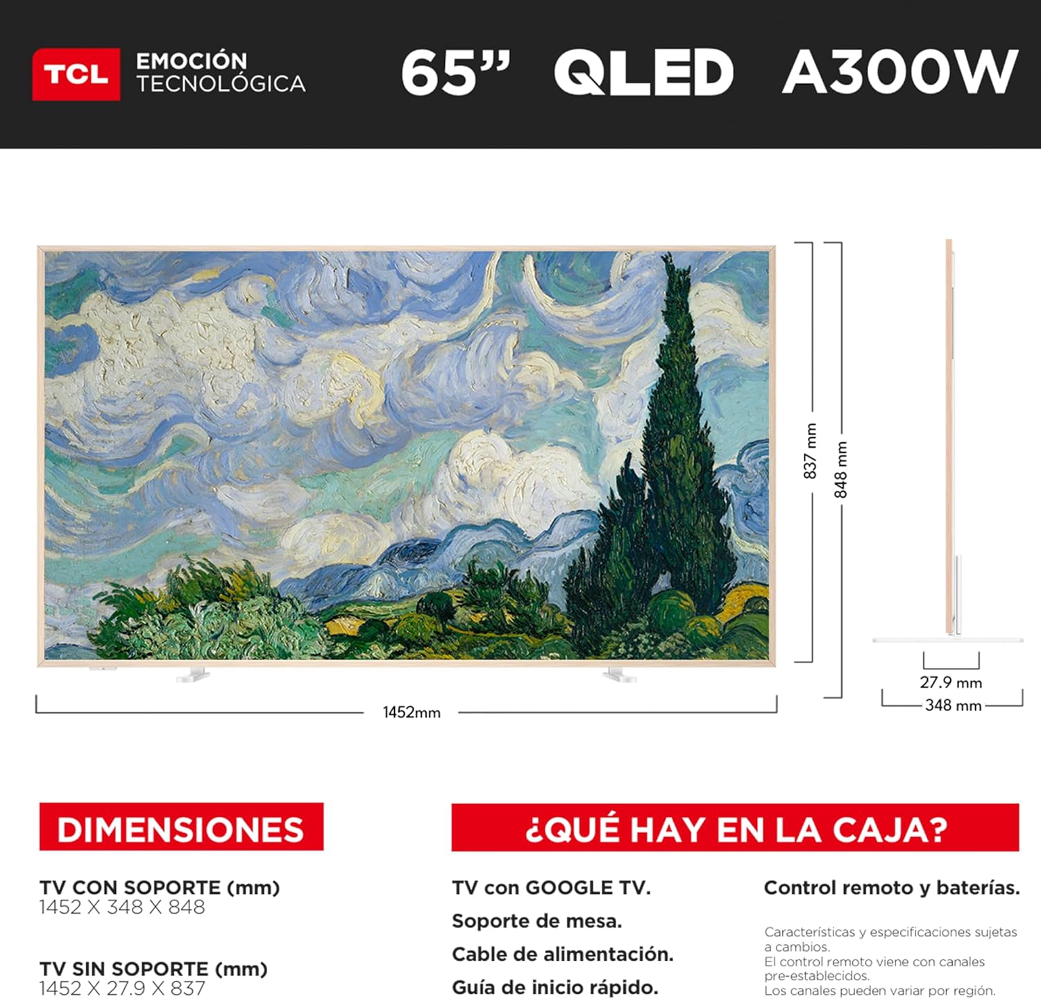TCL 65A300W Smart TV Pantalla NXTVision TV 65” 4K QLED Pro Google TV | HDR10 | Dolby Audio | WiFi y Bluetooth | Compatible con Alexa, Chromecast Integrado
