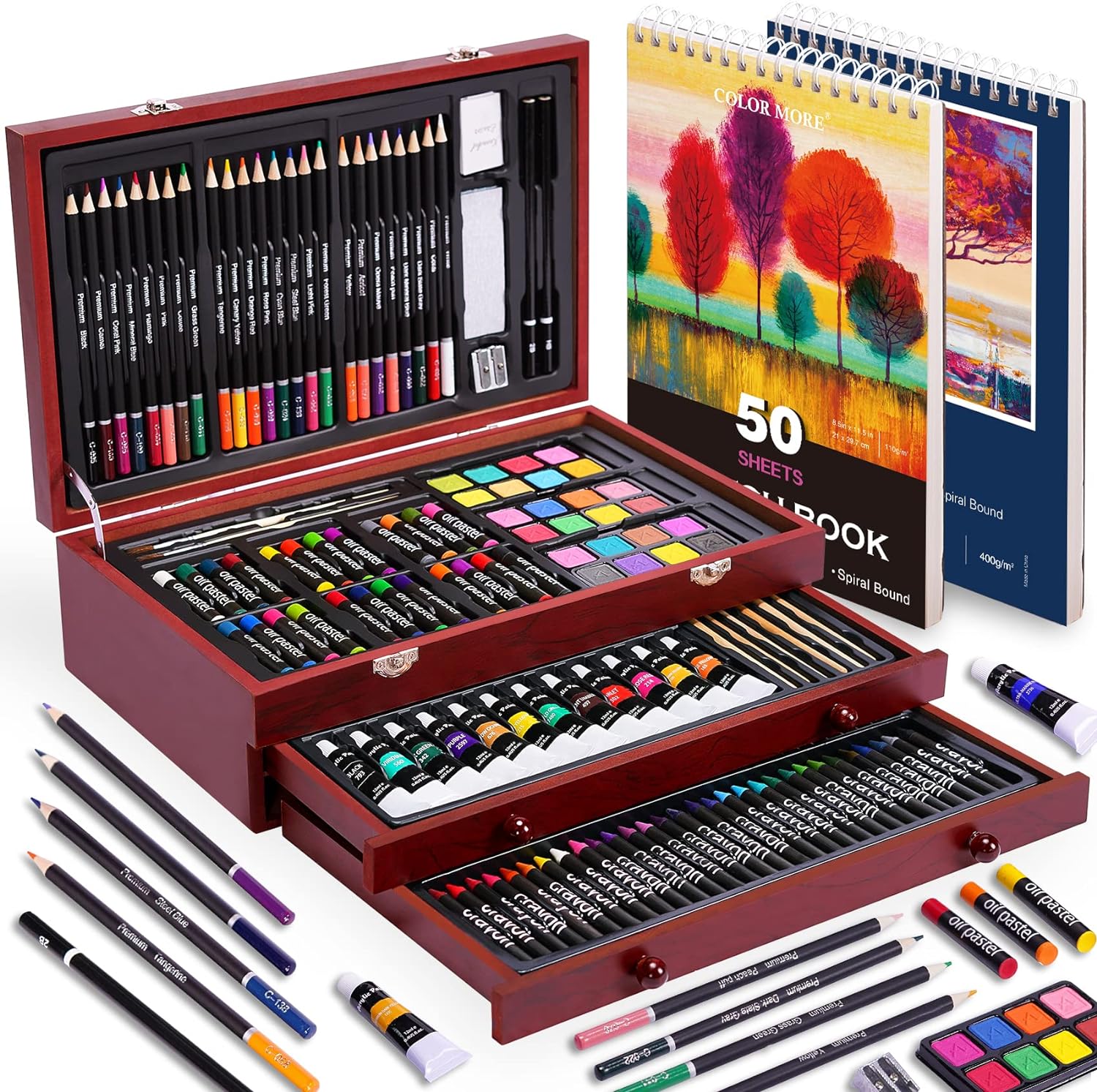 Juego de arte de lujo de 175 piezas con 2 almohadillas para orejas de dibujo, pinturas acrílicas, lápices de colores, juego de pintura en caja de madera, kit de arte profesional, suministros de arte