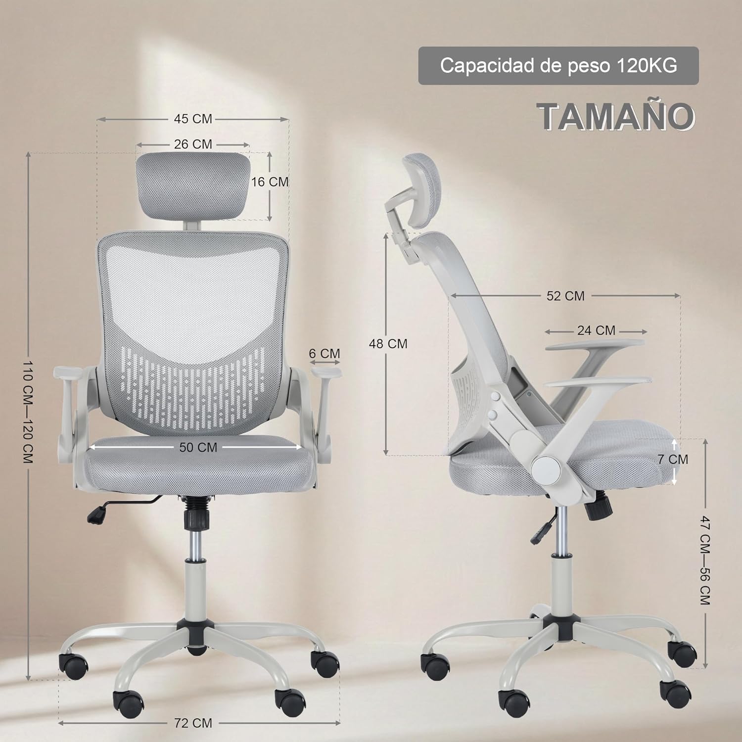 FurnitureR Silla Oficina Ergonómica con Reposacabezas, Silla Escritorio Malla Resistente con Soporte Lumbar, Silla Computadora con Base Metal, Asiento y Reposacabezas Ajustables Gris