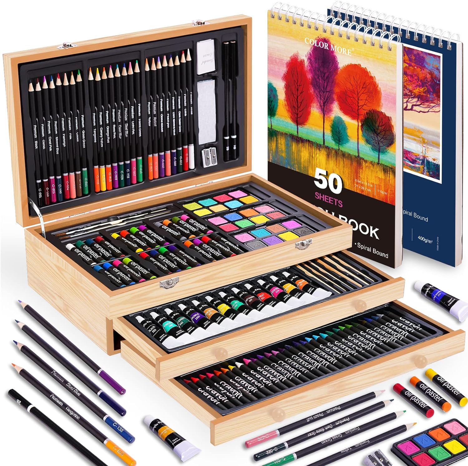 Juego de arte de lujo de 175 piezas con 2 almohadillas para orejas de dibujo, pinturas acrílicas, lápices de colores, juego de pintura en caja de madera, kit de arte profesional, suministros de arte