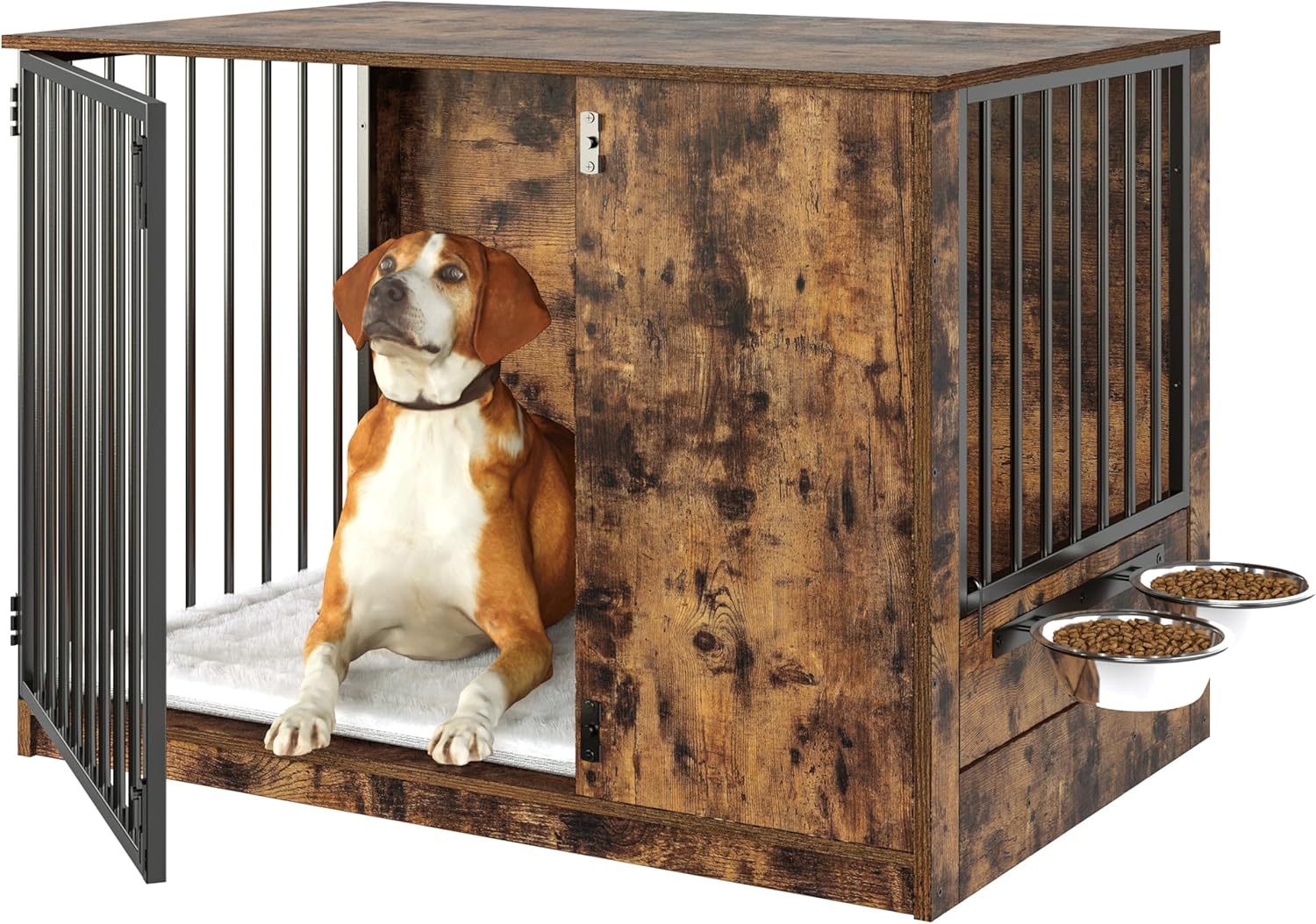 MU:4LIFE Jaula Estilo Mueble para Perro, Puerta de Rotación 270°, 2 Tazones de Giratorios 360° y Cojín de Doble Cara. Casa de Perro de Uso Interior y Alta Resistencia (Atigrado, Mediano)