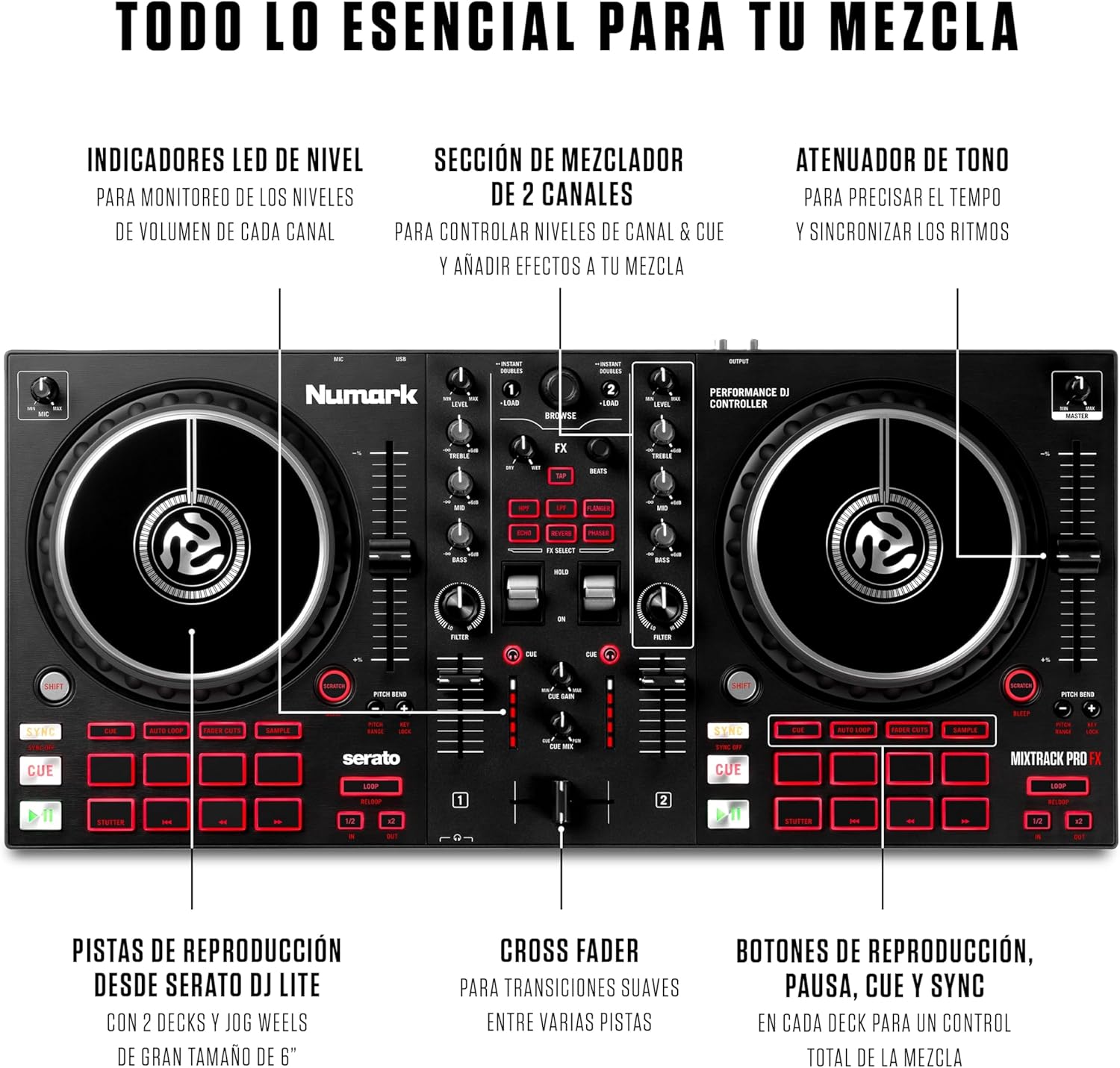 Numark Mixtrack Platinum FX Controlador DJ Para Serato DJ Con Control de 4 Secciones, Mezclador DJ, Interfaz de Audio Incorporada, Pantallas en Las Ruedas de Selección y Paletas de Efectos