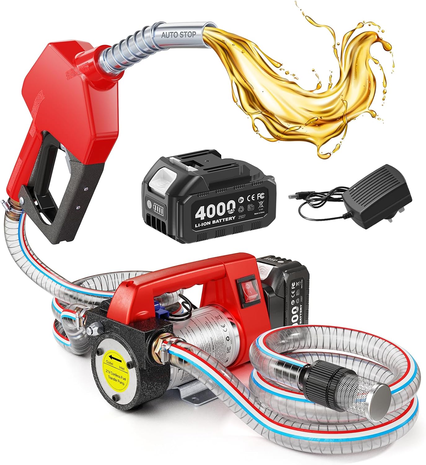 ⛽ Bomba Eléctrica Portátil para Transferencia de Combustible | Inalámbrica 12 GPM | Batería 21V 4.0Ah y Cargador Incluidos | Boquilla de Apagado Automático | Alto Rendimiento ⚡