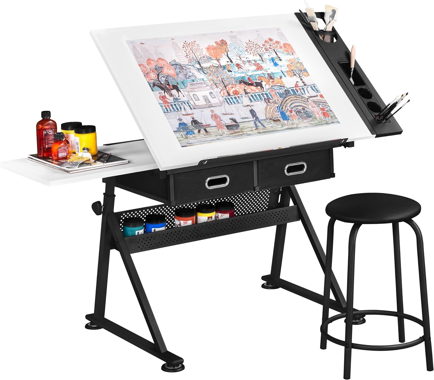 Yaheetech - computadora de arte blanco ajustable en altura para adultos, mesa inclinable de dibujo con computadora extragrande y cajones, juego de mesa y silla plegable para manualidades con taburetes