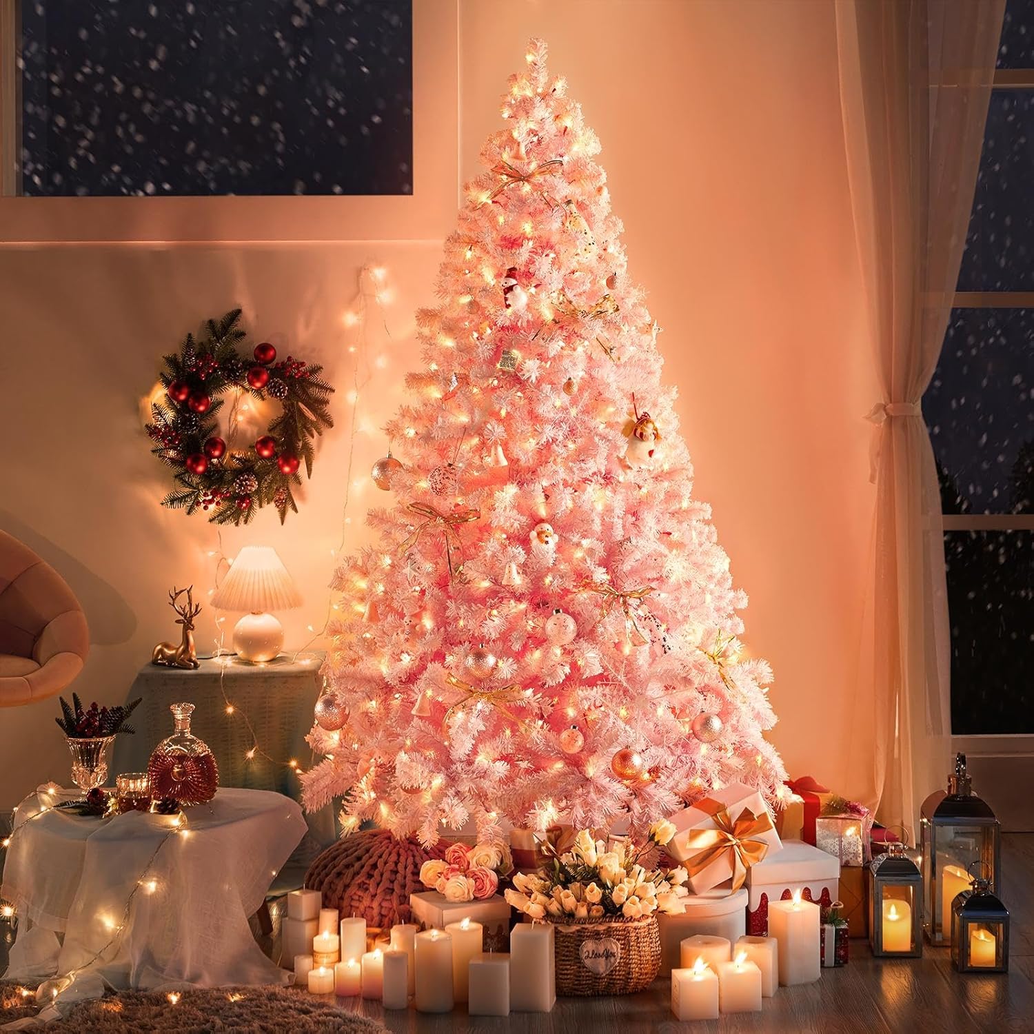 Yaheetech Árbol de Navidad artificial preiluminado de 6 pies con luces incandescentes blancas cálidas, árbol de Navidad con 820 puntas de rama, 250 luces incandescentes y soporte plegable, color rosa