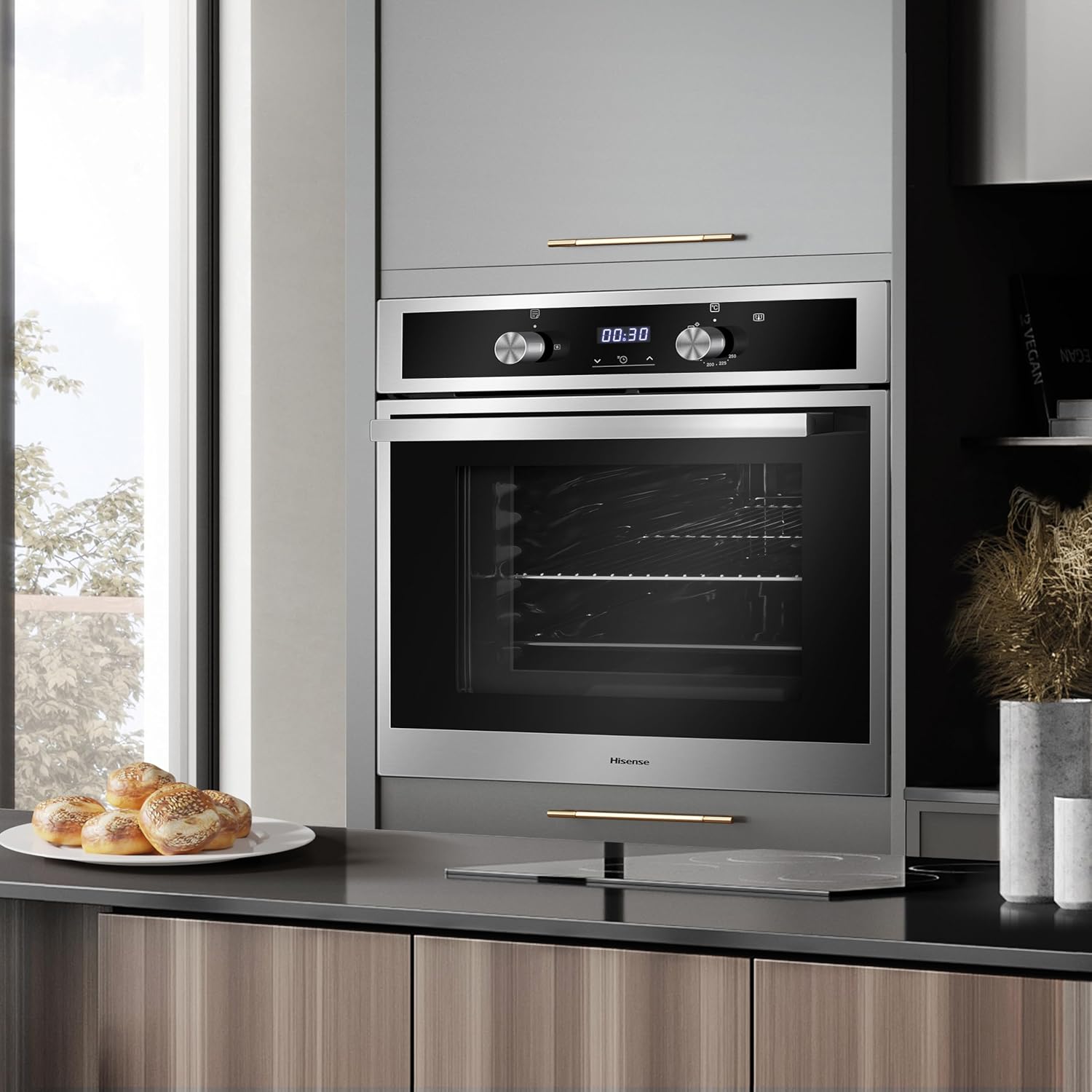 Hisense Horno de gas empotrable 67L, parrilla de gas, flujo de aire múltiple, temperatura precisa, puerta extraíble de fácil limpieza, temporizador, HGO602BS