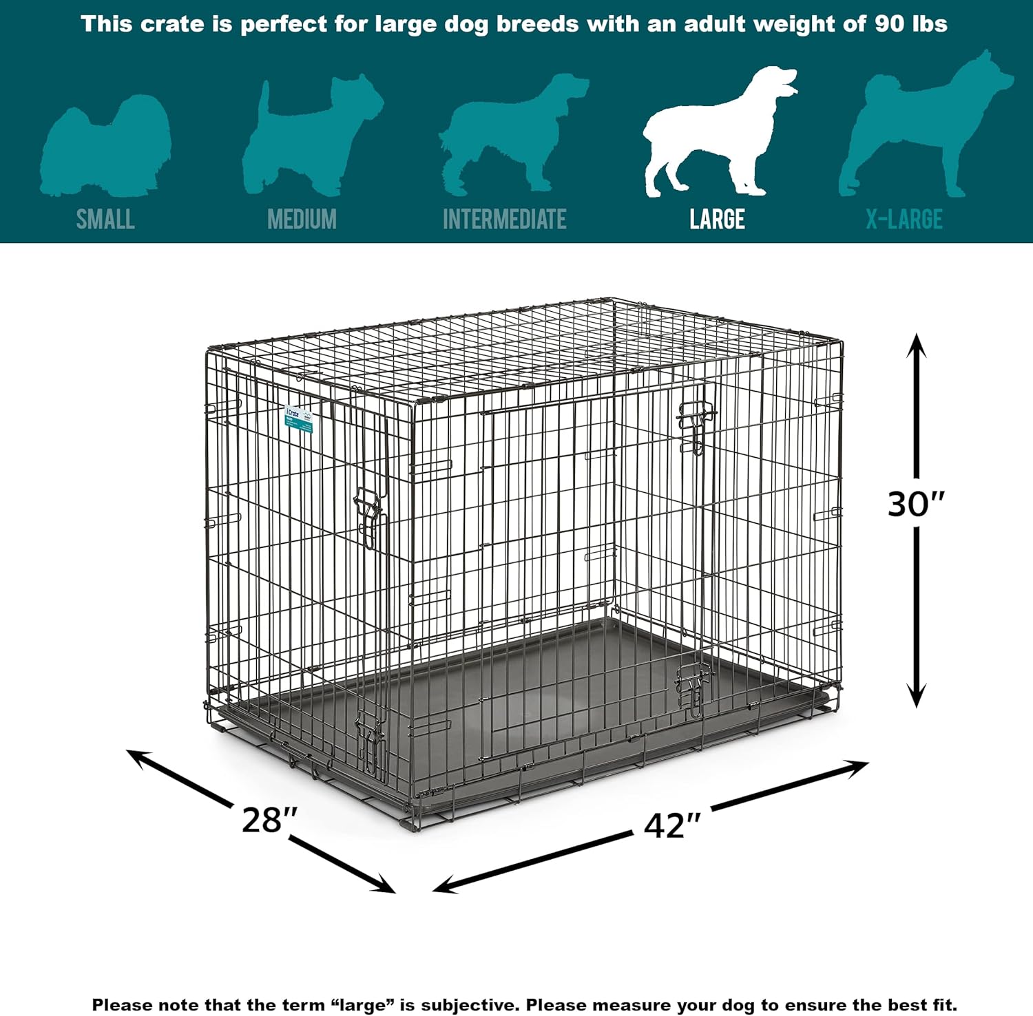 MidWest Homes for Pets - Jaula para perros XL | Jaula para perros MidWest iCrate de metal plegable con doble puerta con panel divisor, protege los pies y bandeja para perros a prueba de fugas | 48 pulgadas de largo x 30 de ancho x 33 pulgadas de alto, raz