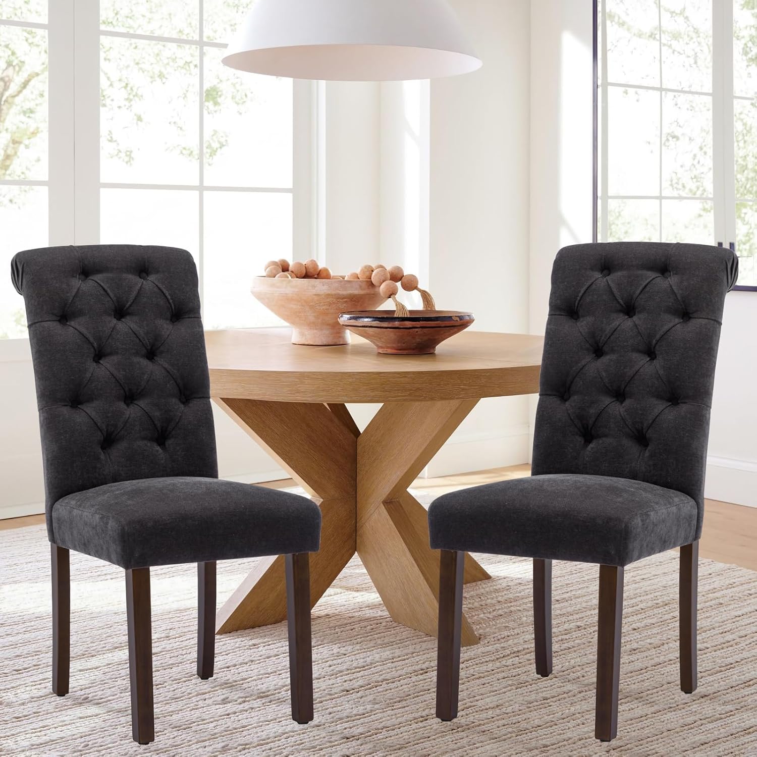 COLAMY - Juego de 6 sillas de Comedor con Botones y tapizadas, con Patas de Madera Maciza y Asiento Acolchado para Comedor, Cocina, Color Gris