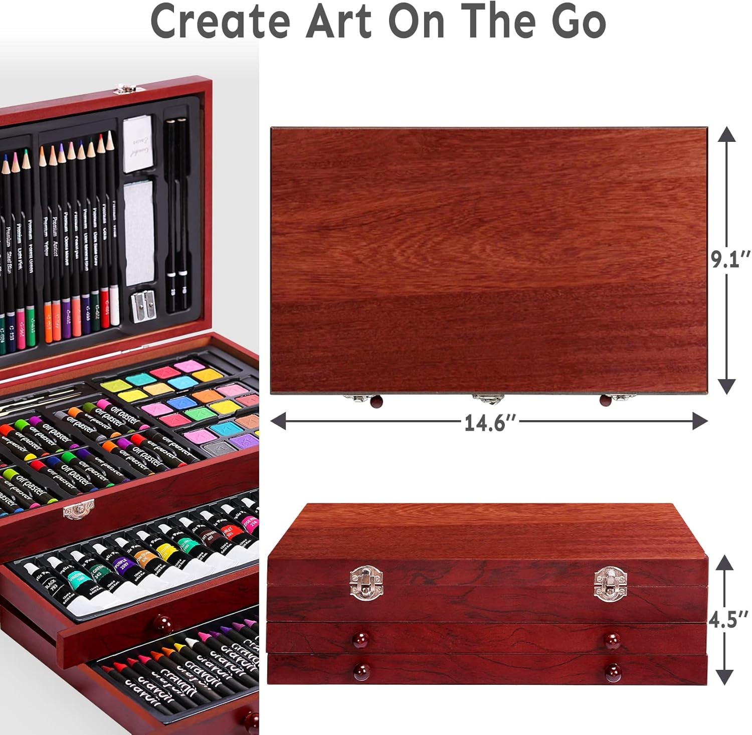 Juego de arte de lujo de 175 piezas con 2 almohadillas para orejas de dibujo, pinturas acrílicas, lápices de colores, juego de pintura en caja de madera, kit de arte profesional, suministros de arte