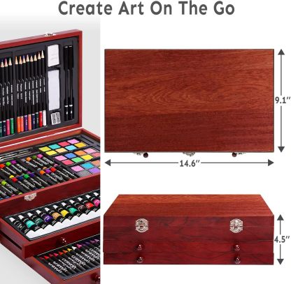 Juego de arte de lujo de 175 piezas con 2 almohadillas para orejas de dibujo, pinturas acrílicas, lápices de colores, juego de pintura en caja de madera, kit de arte profesional, suministros de arte