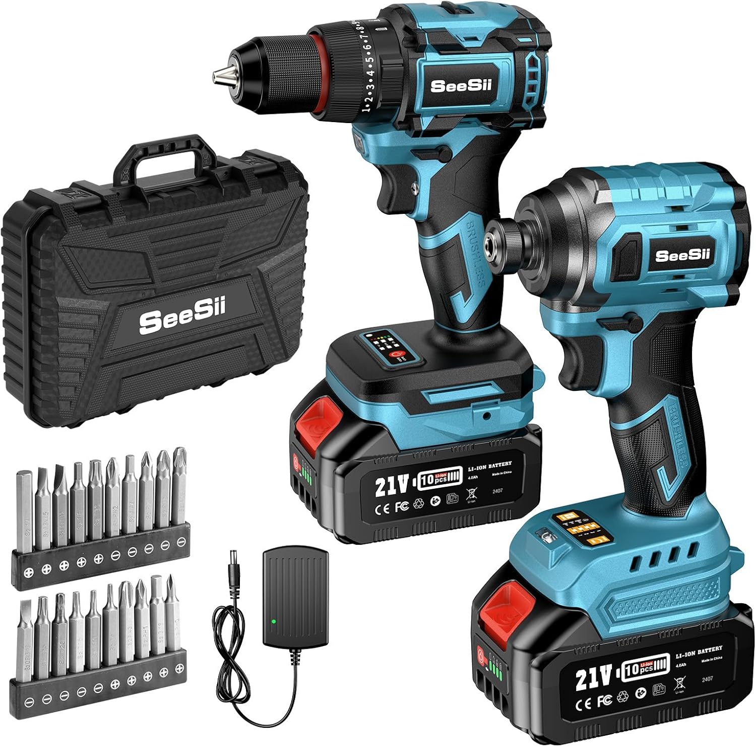 SEESII - Taladro inalámbrico y destornillador de impacto de 21 V máximo, kit combinado de herramientas eléctricas incluido taladro de 3/8 pulgadas y driver de impacto de 1/4 pulgadas, 2 baterías de