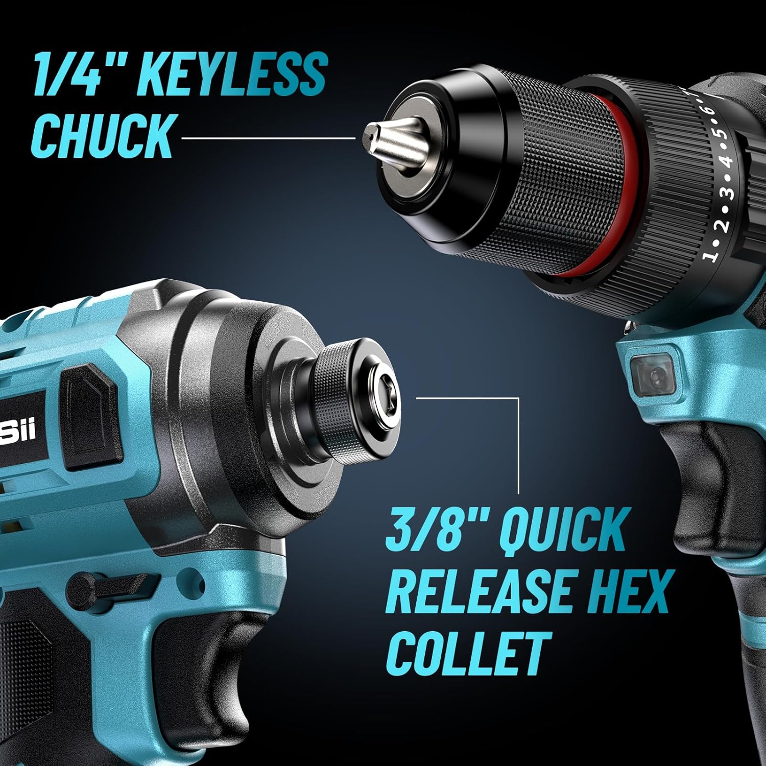 SEESII - Taladro inalámbrico y destornillador de impacto de 21 V máximo, kit combinado de herramientas eléctricas incluido taladro de 3/8 pulgadas y driver de impacto de 1/4 pulgadas, 2 baterías de