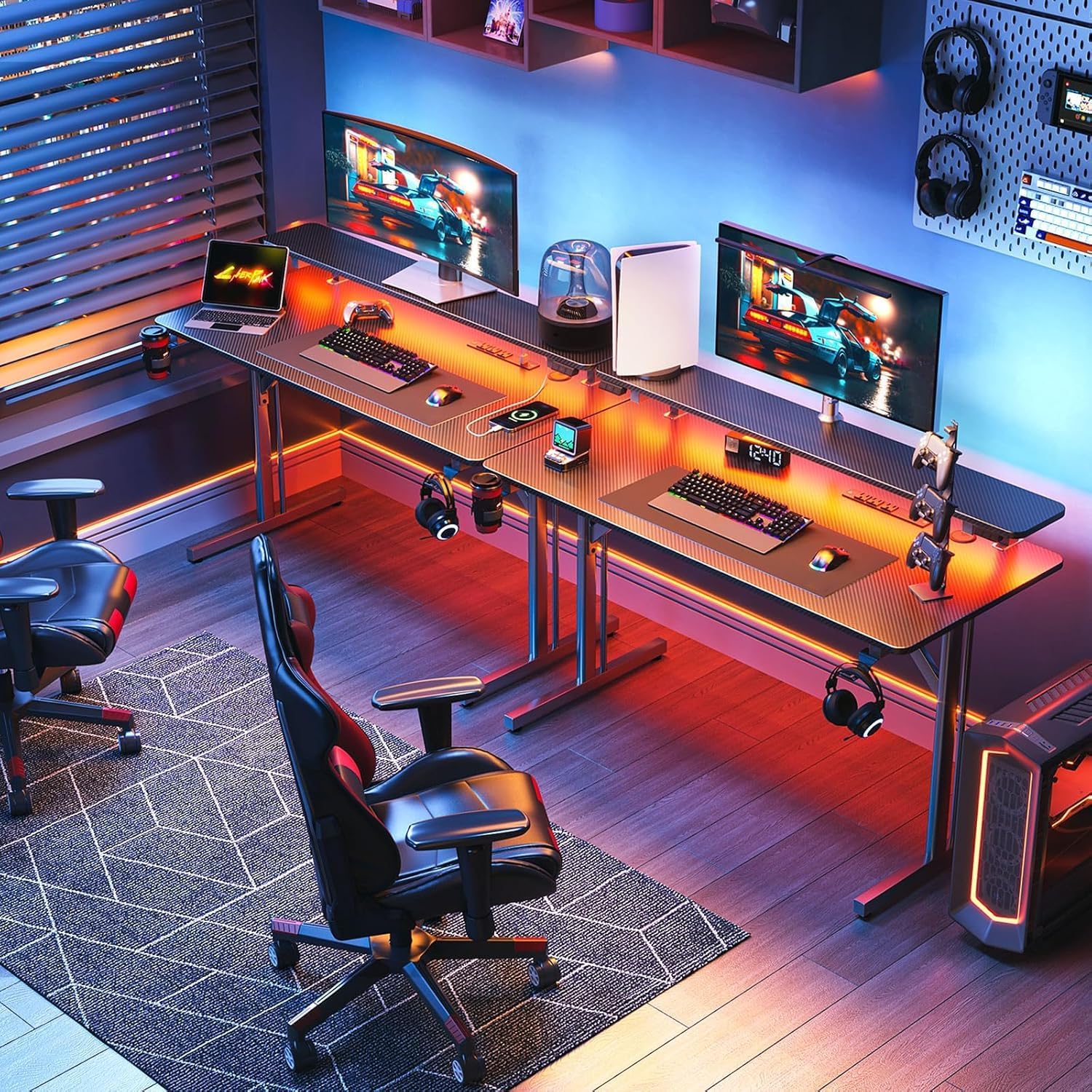 🎧SAFONUS Escritorio Gamer RGB 1M con Luces LED, Soporte para Monitor | 🎮Enchufes Integrados, Gancho para Audífonos, Superficie de Fibra de Carbono Impermeable, Mesa para PC Gaming Negra
