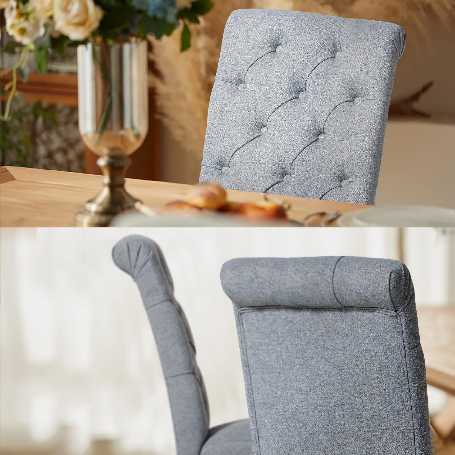 COLAMY - Juego de 6 sillas de Comedor con Botones y tapizadas, con Patas de Madera Maciza y Asiento Acolchado para Comedor, Cocina, Color Gris