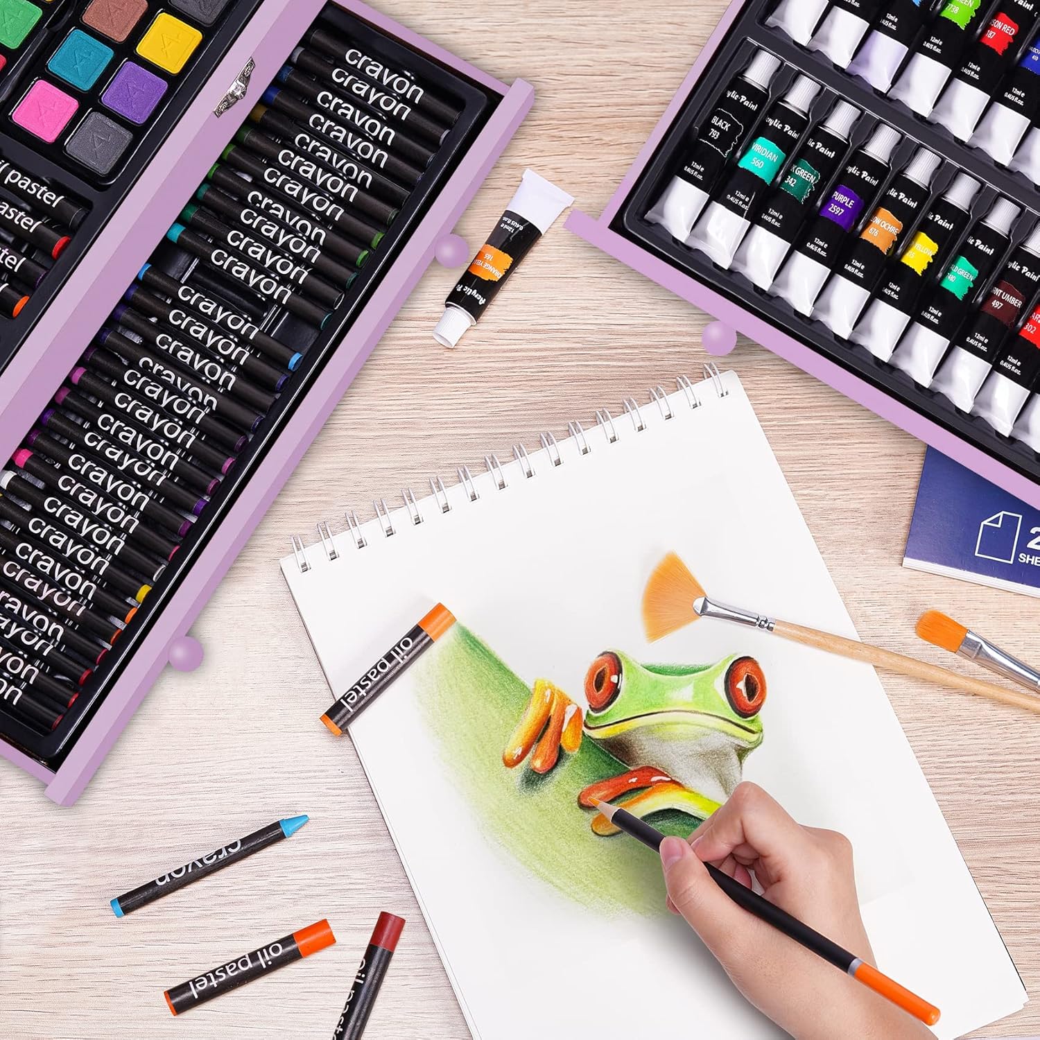 Juego de arte de lujo de 175 piezas con 2 almohadillas para orejas de dibujo, pinturas acrílicas, lápices de colores, juego de pintura en caja de madera, kit de arte profesional, suministros de arte