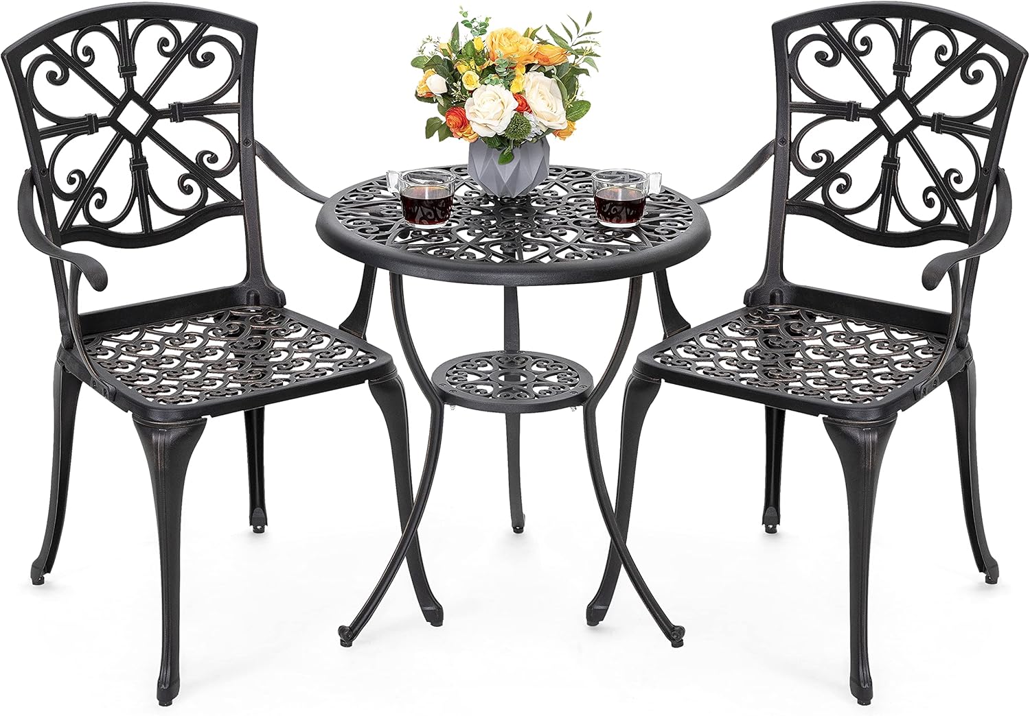 NUU GARDEN - Juego de bistró de 3 piezas para exteriores, todo clima, aluminio fundido, juego de mesa y sillas de patio, juego de 2 con agujero para sombrilla y cojines grises para el patio trasero