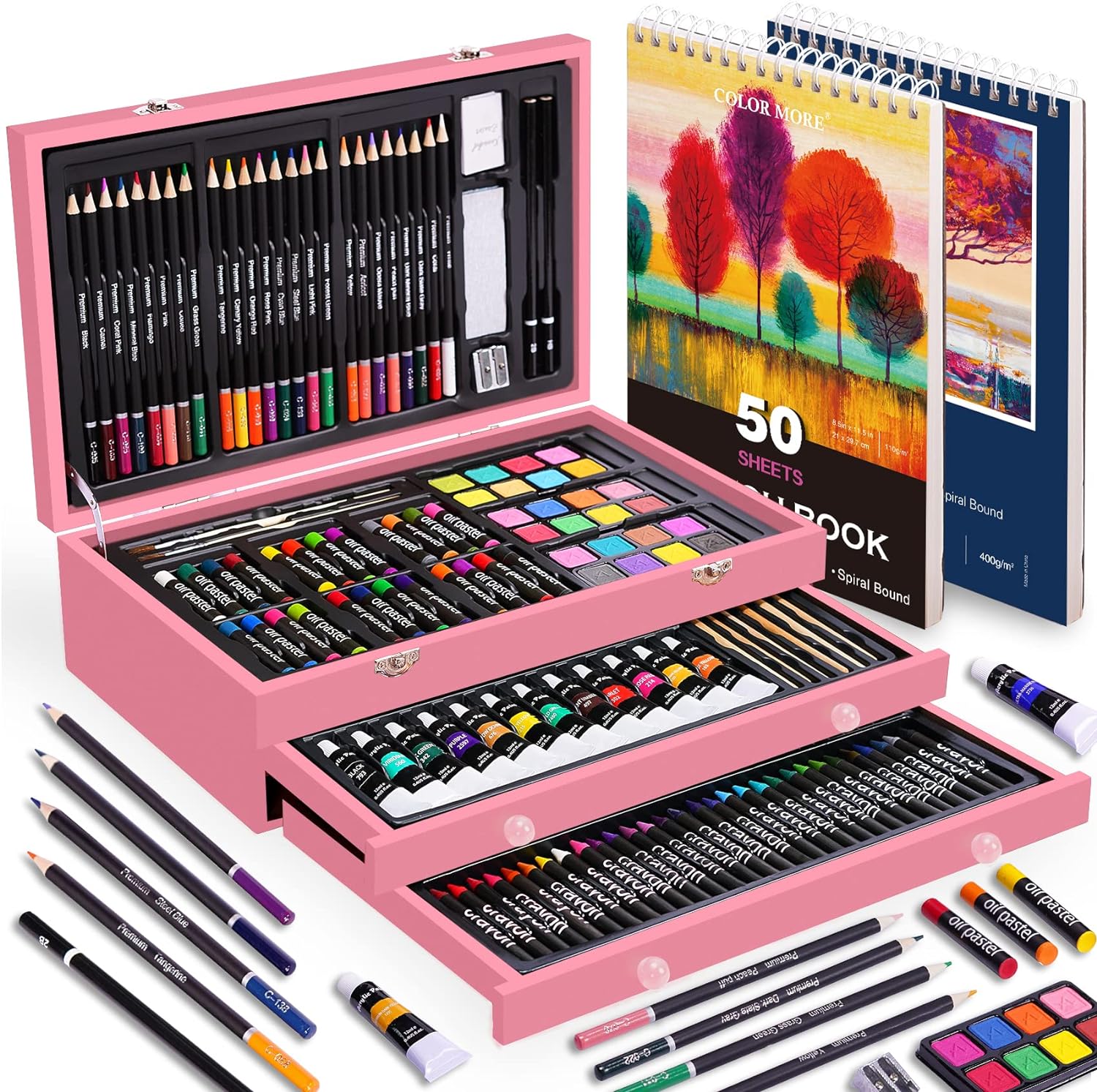 Juego de arte de lujo de 175 piezas con 2 almohadillas para orejas de dibujo, pinturas acrílicas, lápices de colores, juego de pintura en caja de madera, kit de arte profesional, suministros de arte