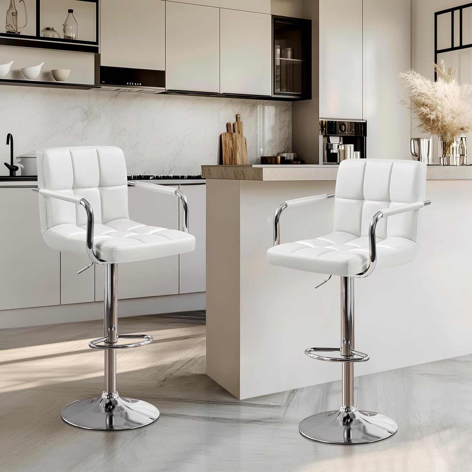 Juego de 2 taburetes de Bar giratorios Ajustables de Piel sintética, sillas hidráulicas de Barra con reposabrazos y Respaldo para Bar, Cocina, Comedor, Color Blanco