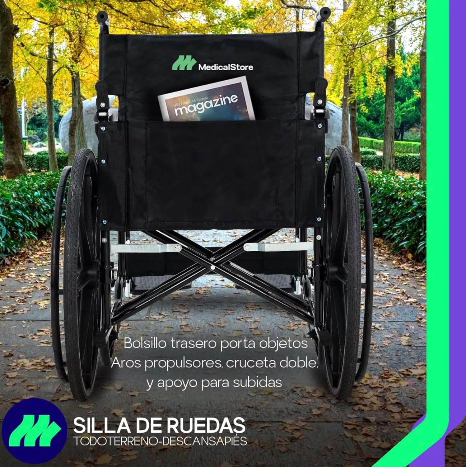 MEDICAL STORE Silla De Ruedas Ligera Adulto Mayor Todo Terreno Traslado Plegable Compacta Con Freno De Mano Rehabilitación Con Descansa Pies Abatible