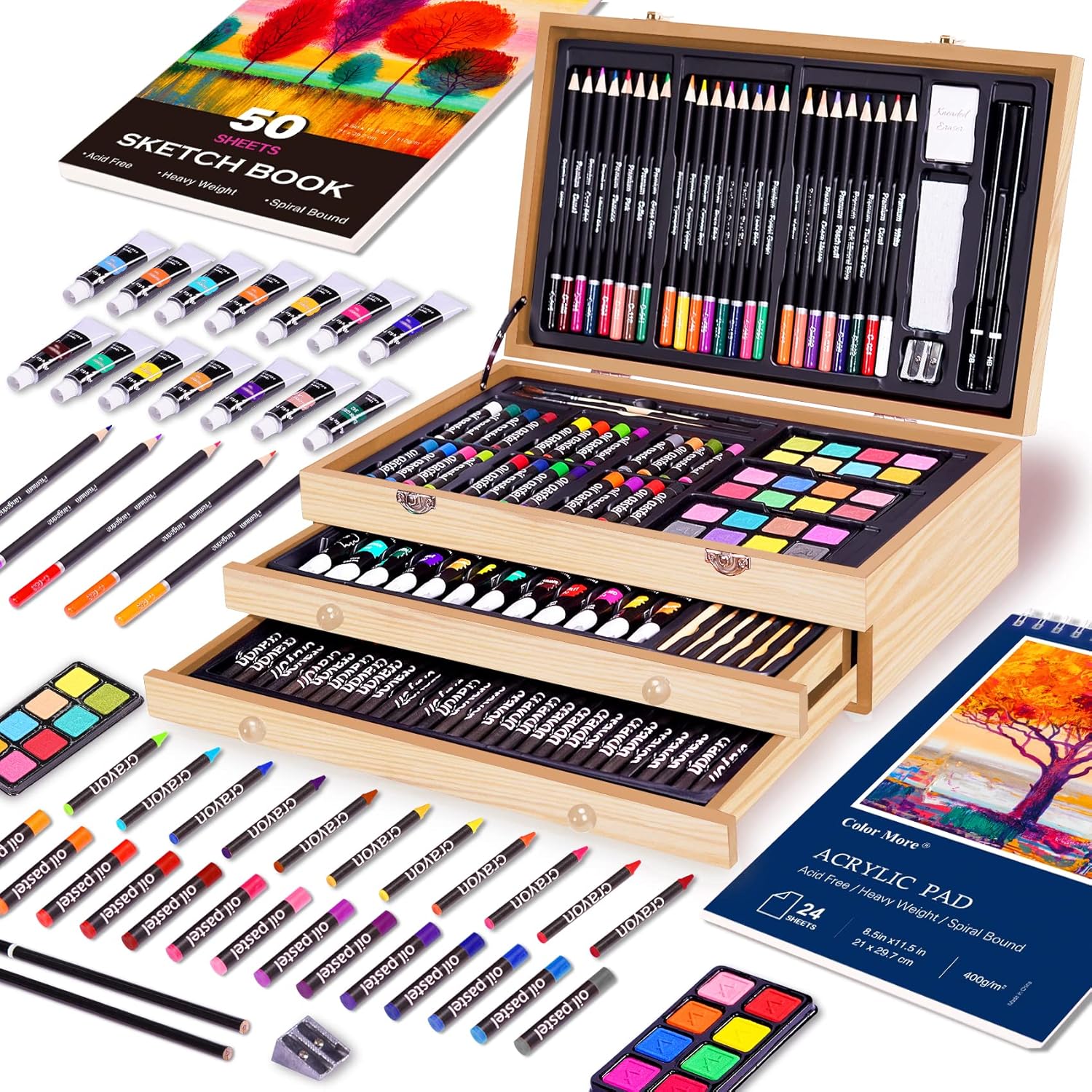 Juego de arte de lujo de 175 piezas con 2 almohadillas para orejas de dibujo, pinturas acrílicas, lápices de colores, juego de pintura en caja de madera, kit de arte profesional, suministros de arte